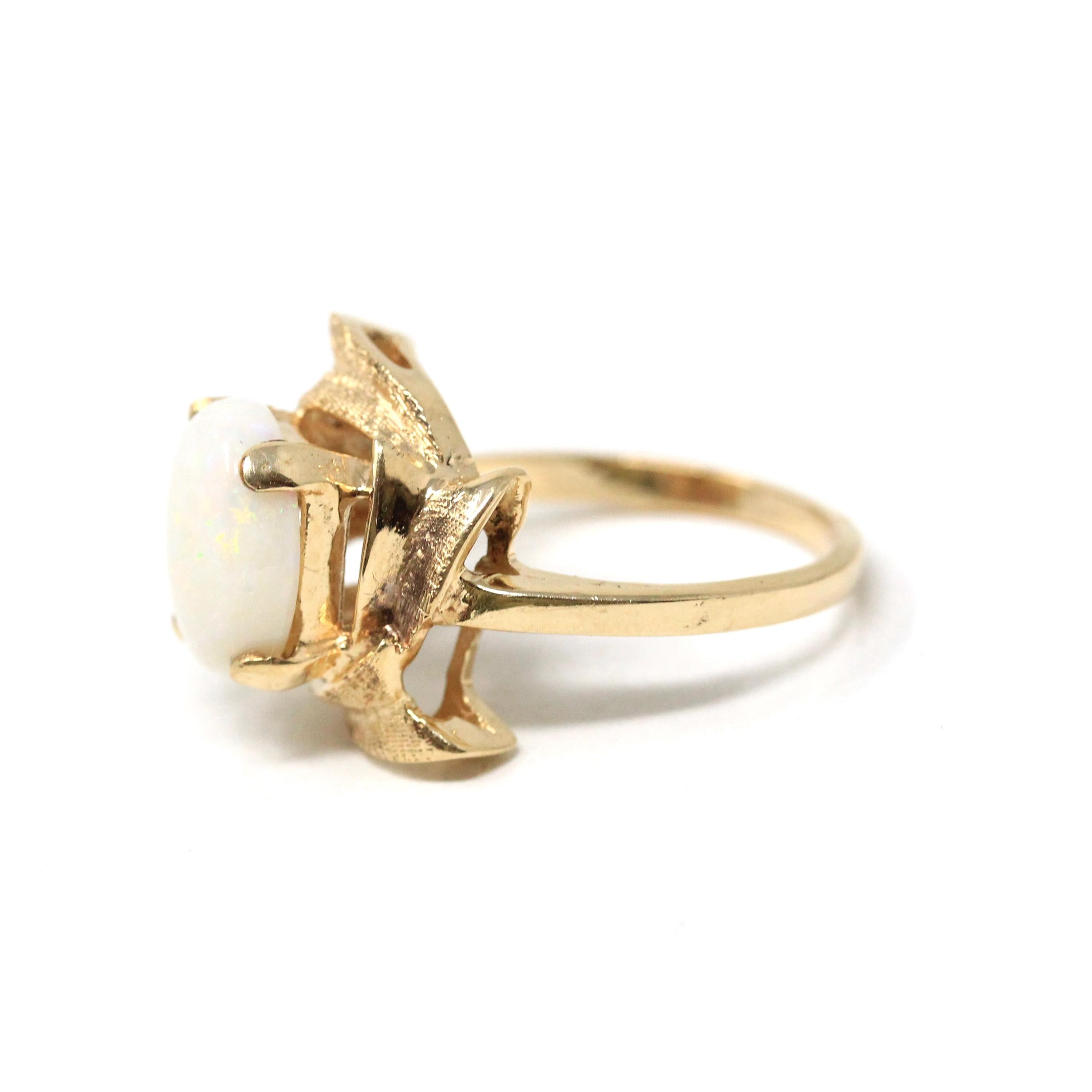 Vintage Opal Ring - Retro 14k Yellow Gold Natural Gemstone Solitaire - Circa 1970s Size 6 Swoop Leaf Design October Birthstone Fine Jewelry