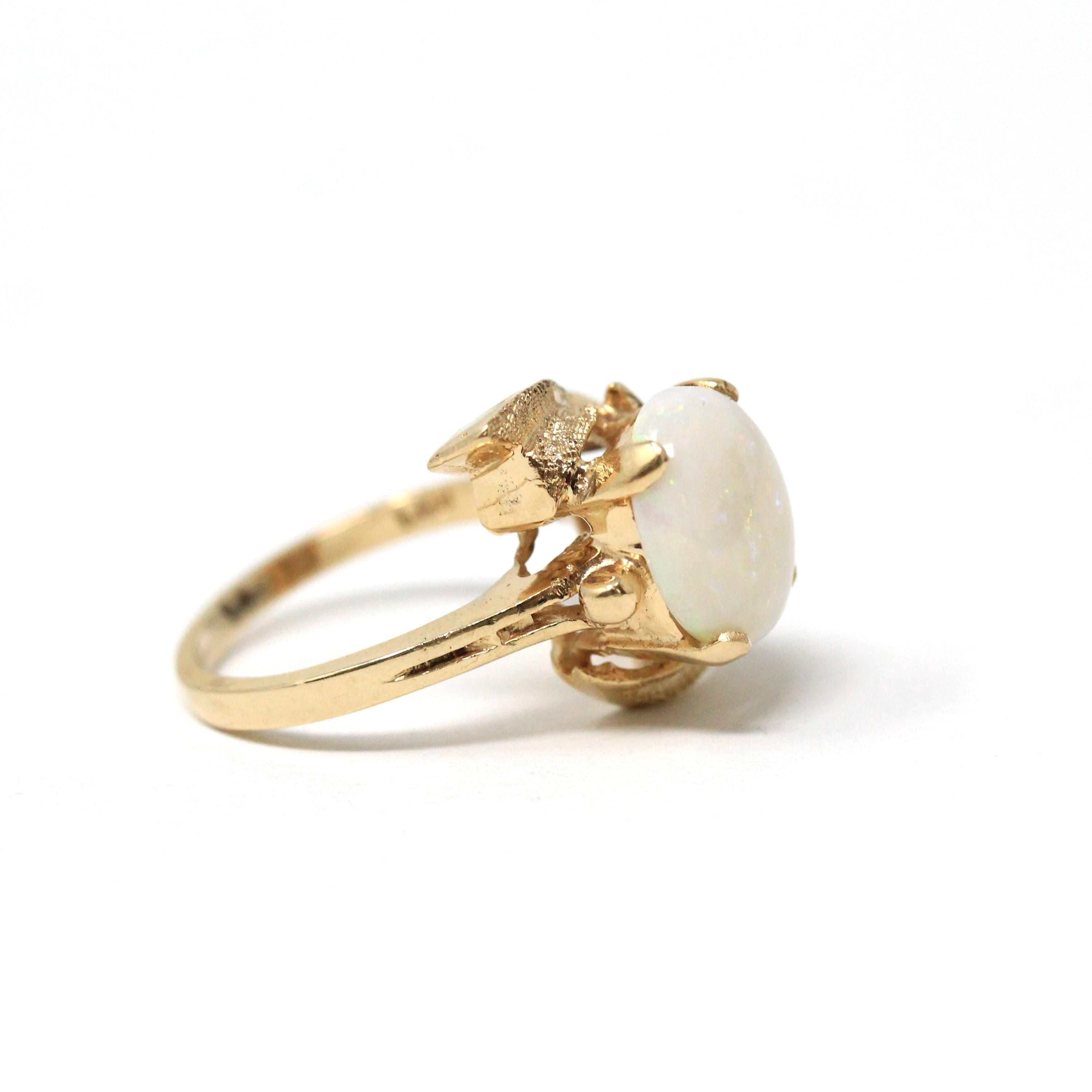 Vintage Opal Ring - Retro 14k Yellow Gold Natural Gemstone Solitaire - Circa 1970s Size 6 Swoop Leaf Design October Birthstone Fine Jewelry