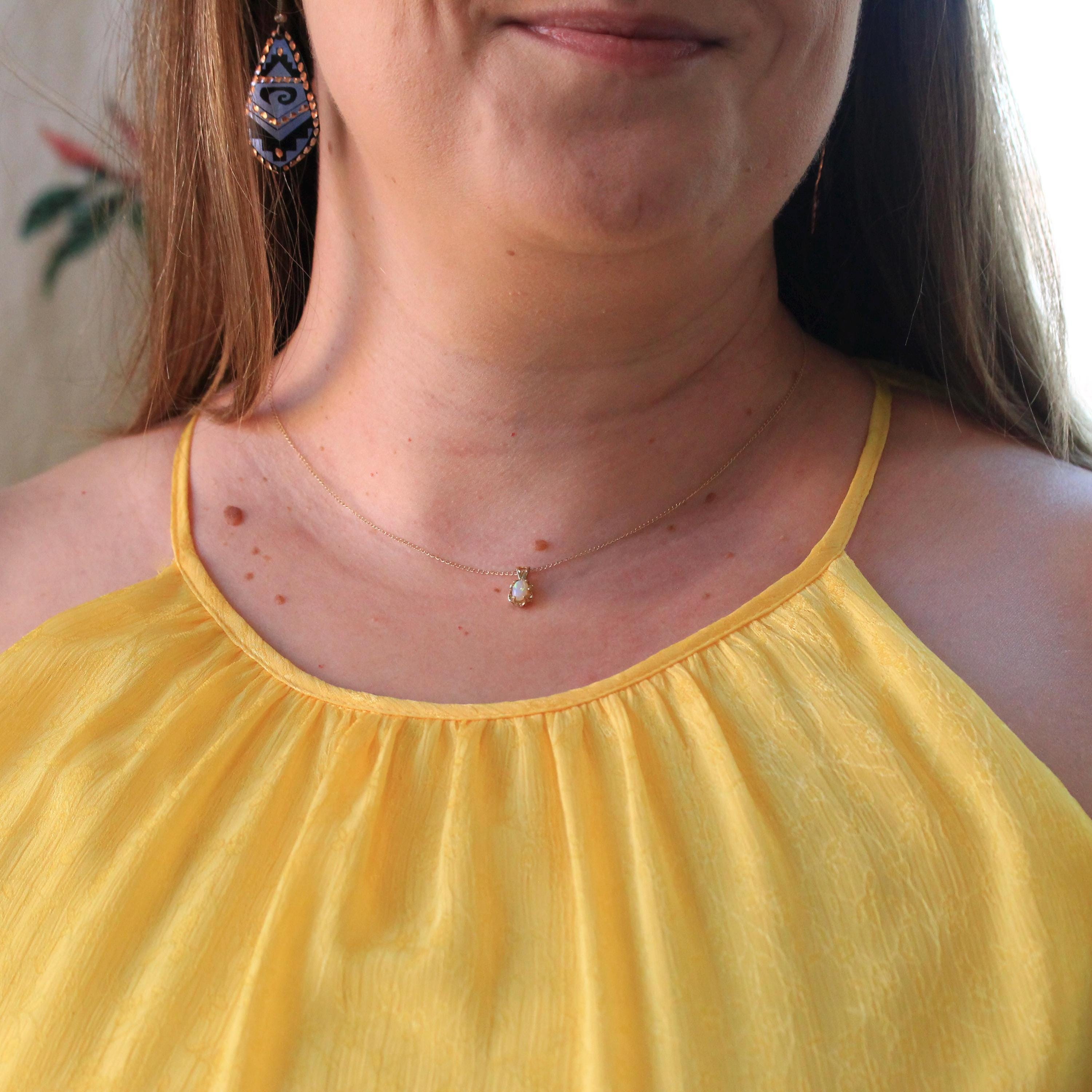 Natural Opal Pendant - Estate 14k Yellow Gold Cabochon Cut .25 CT Gem Necklace - Modern Circa 2000's Era October Birthstone Fine Jewelry