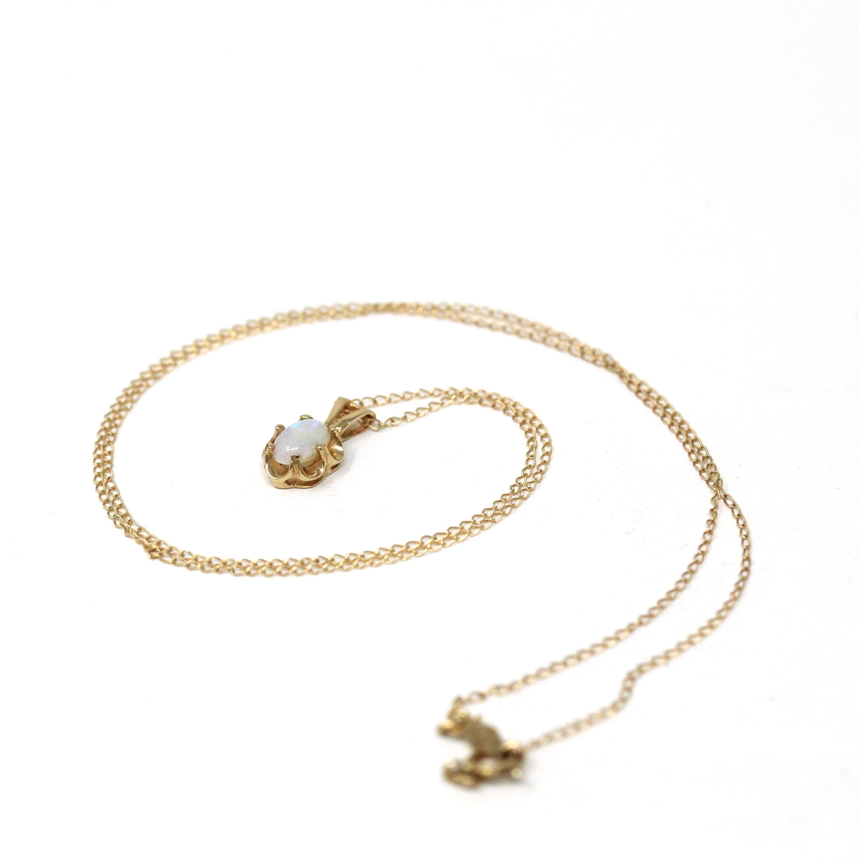 Natural Opal Pendant - Estate 14k Yellow Gold Cabochon Cut .25 CT Gem Necklace - Modern Circa 2000's Era October Birthstone Fine Jewelry