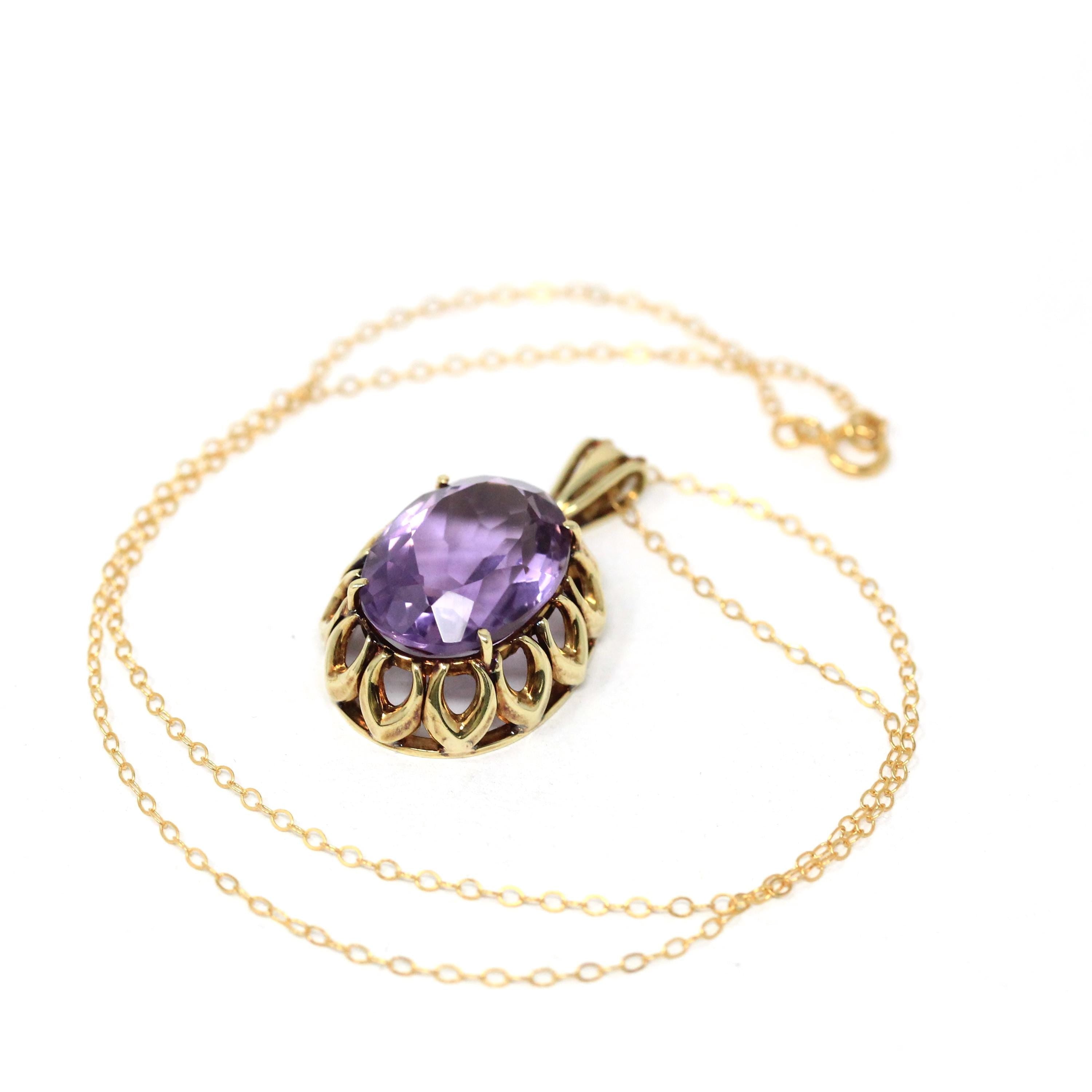 Natural Amethyst Pendant - Mid Century 14k Yellow Gold Oval Faceted Purple Gemstone Necklace - Vintage Statement February Birthstone Jewelry