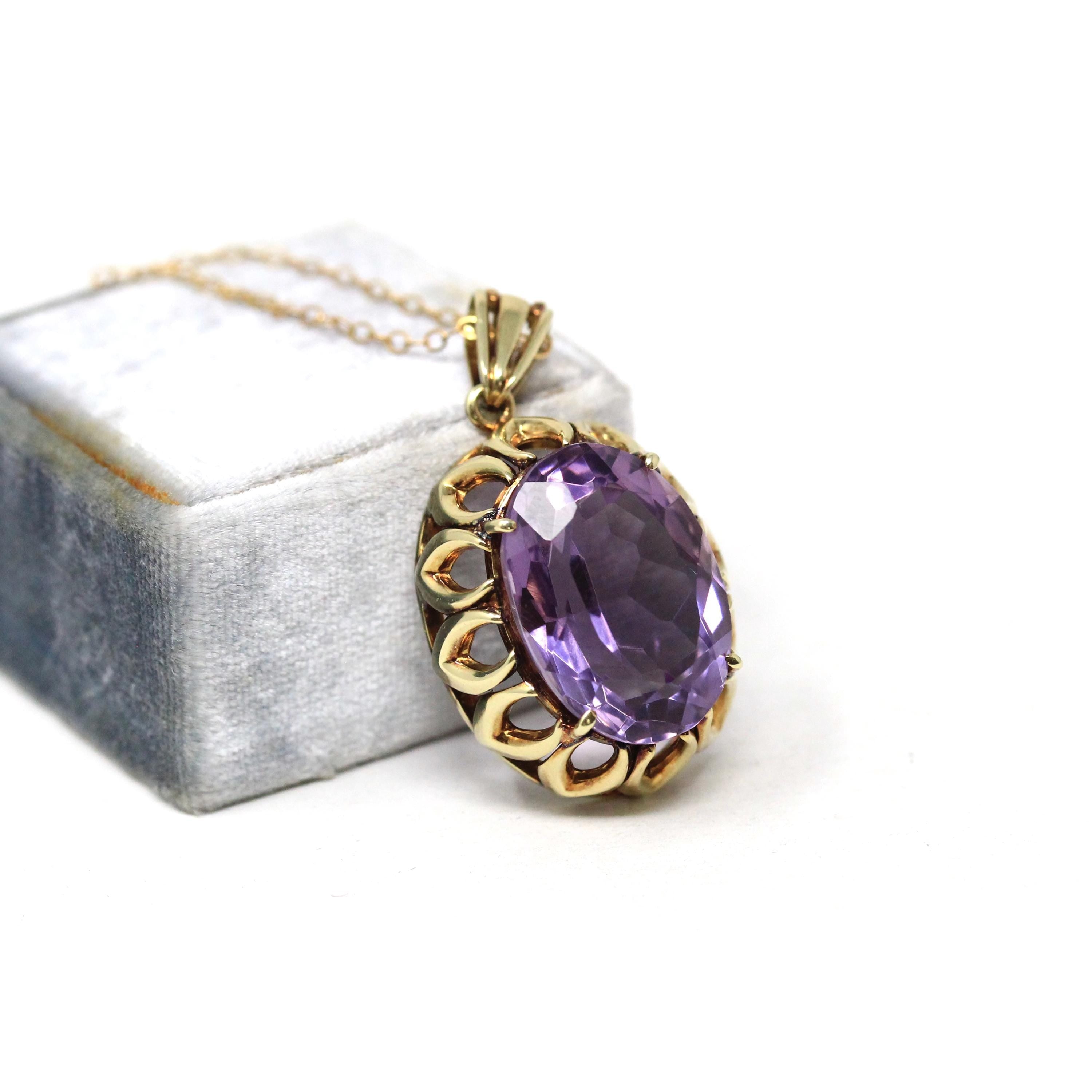 Natural Amethyst Pendant - Mid Century 14k Yellow Gold Oval Faceted Purple Gemstone Necklace - Vintage Statement February Birthstone Jewelry