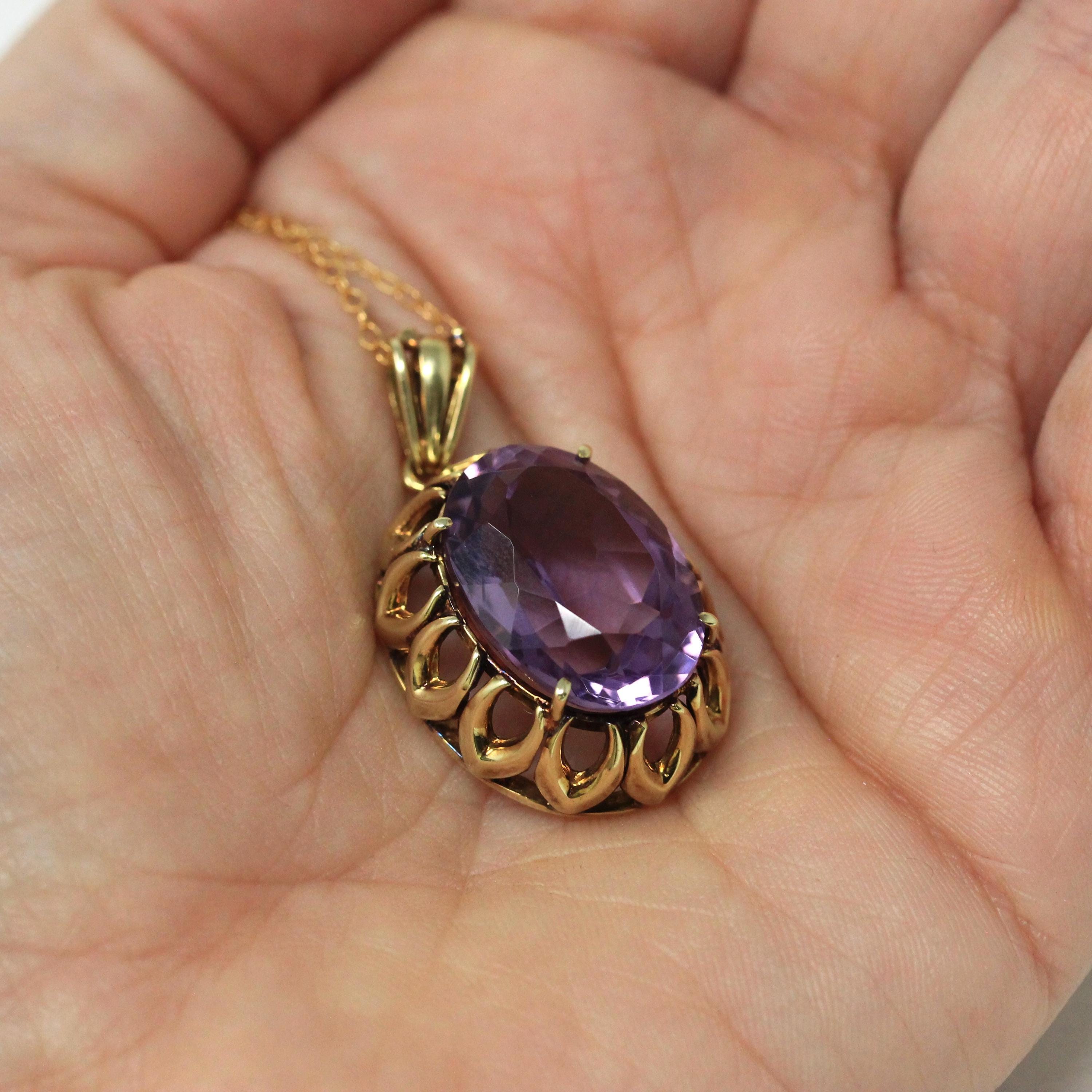 Natural Amethyst Pendant - Mid Century 14k Yellow Gold Oval Faceted Purple Gemstone Necklace - Vintage Statement February Birthstone Jewelry