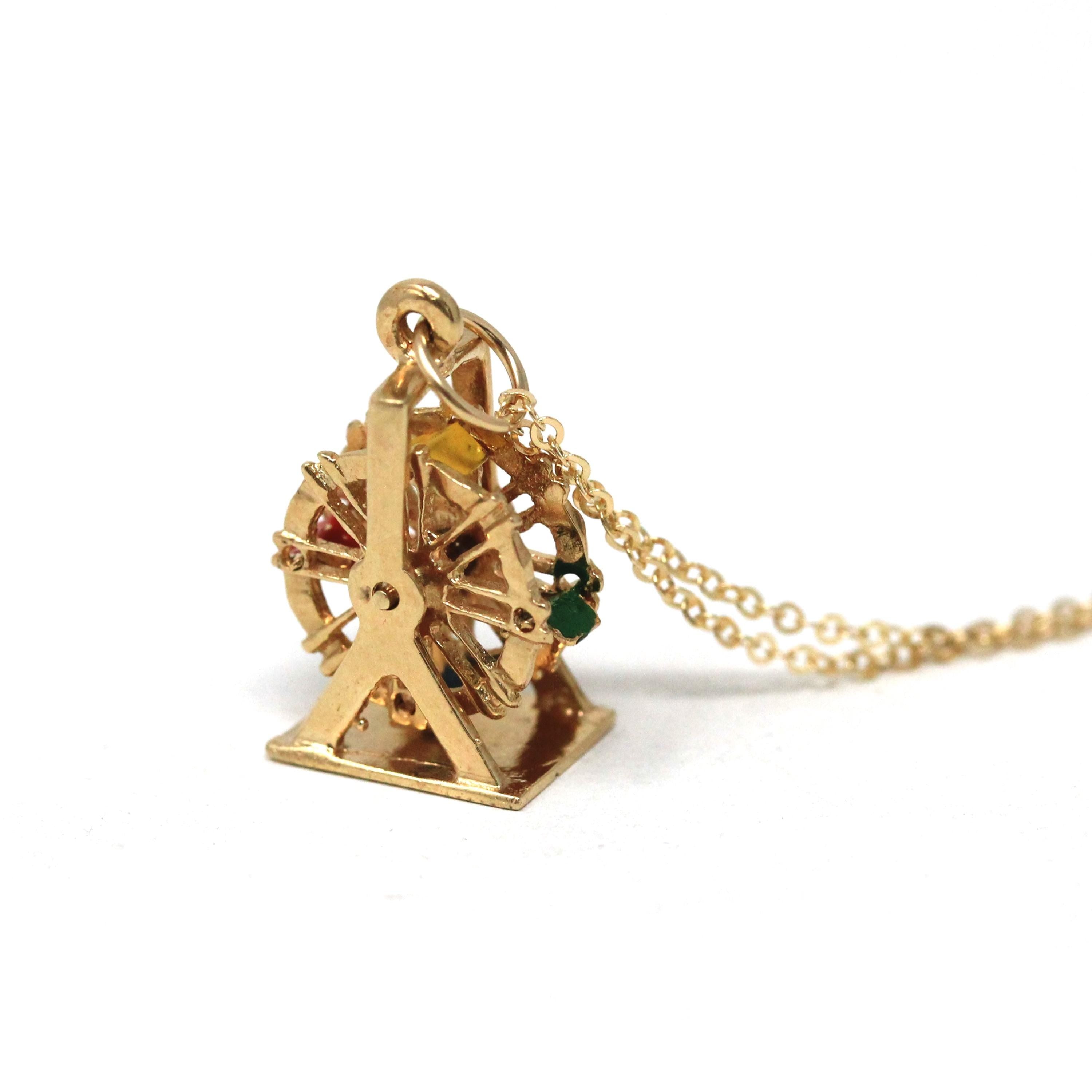 Ferris Wheel Charm - Retro Era 14k Yellow Gold & Enamel Carnival Ride Pendant Necklace - Vintage Circa 1960s Amusement Kinetic Fine Jewelry