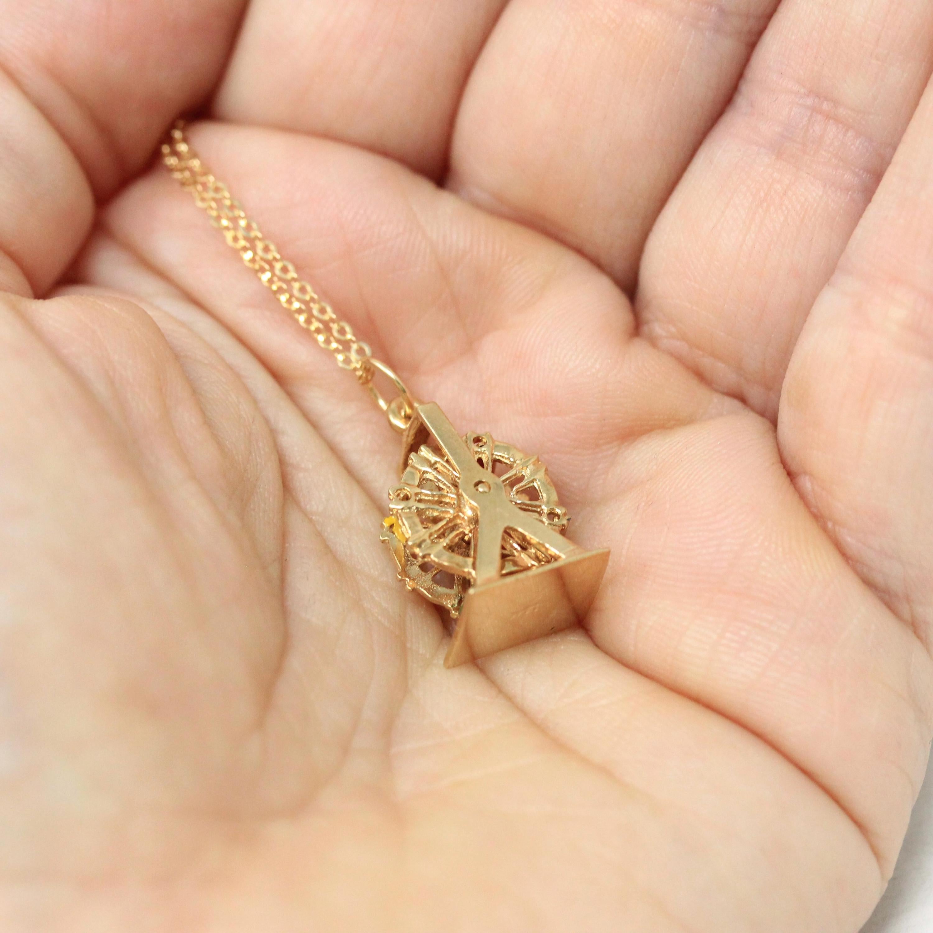 Ferris Wheel Charm - Retro Era 14k Yellow Gold & Enamel Carnival Ride Pendant Necklace - Vintage Circa 1960s Amusement Kinetic Fine Jewelry