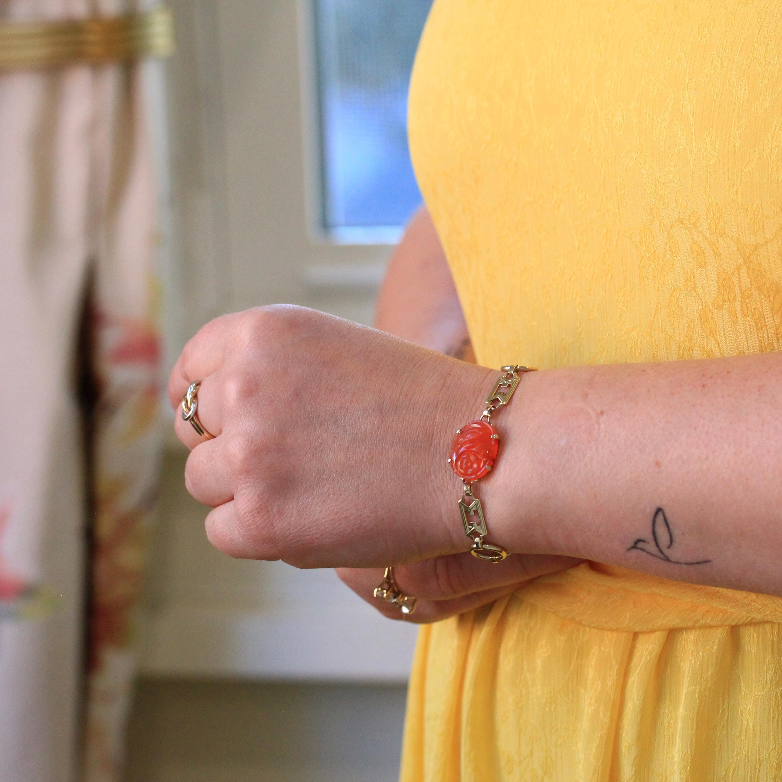 Art Deco Carnelian Bracelet - Antique 14k Yellow Gold Floral Bird Carved Natural Gem - Circa 1920s Era Panel Link Fashion Accessory Jewelry