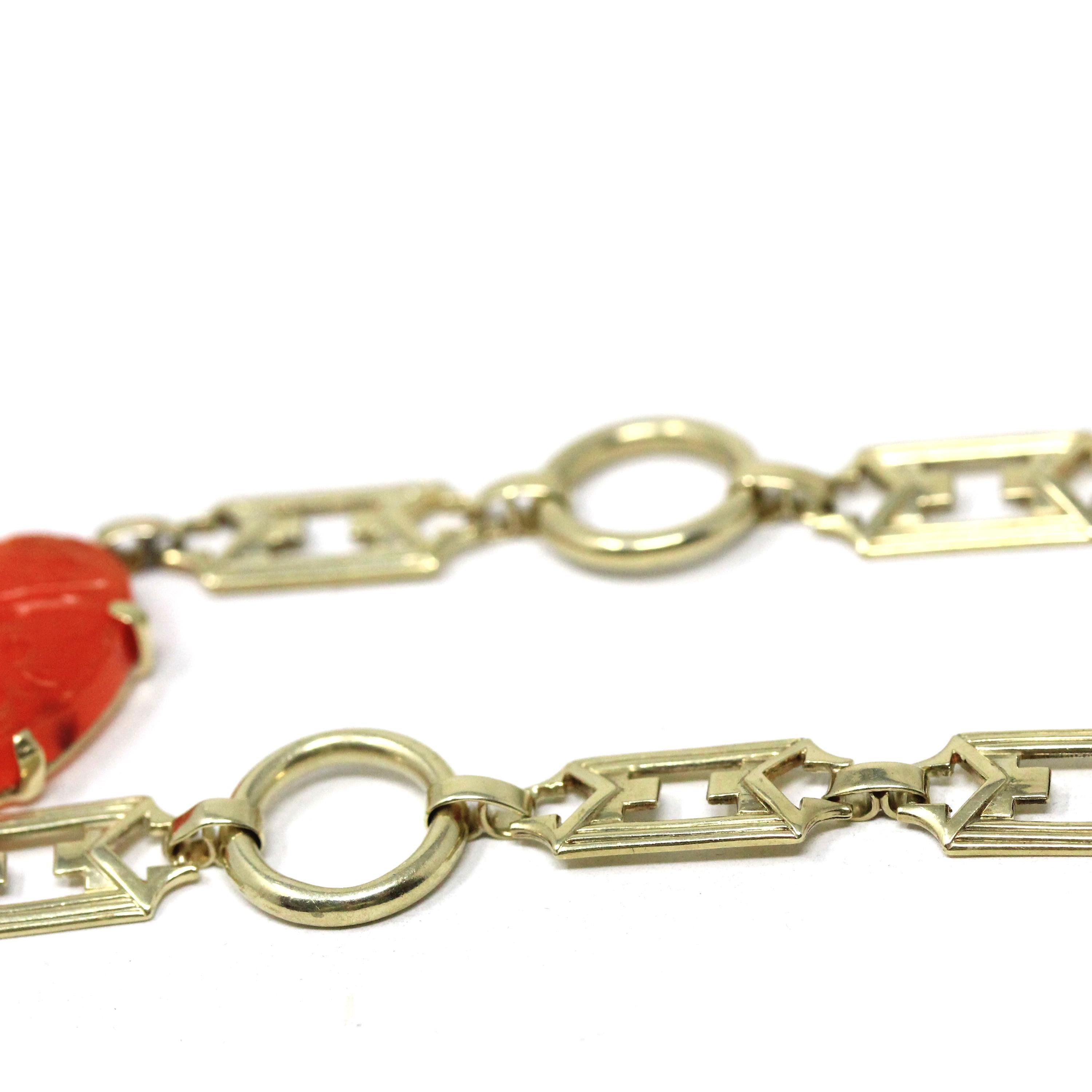 Art Deco Carnelian Bracelet - Antique 14k Yellow Gold Floral Bird Carved Natural Gem - Circa 1920s Era Panel Link Fashion Accessory Jewelry