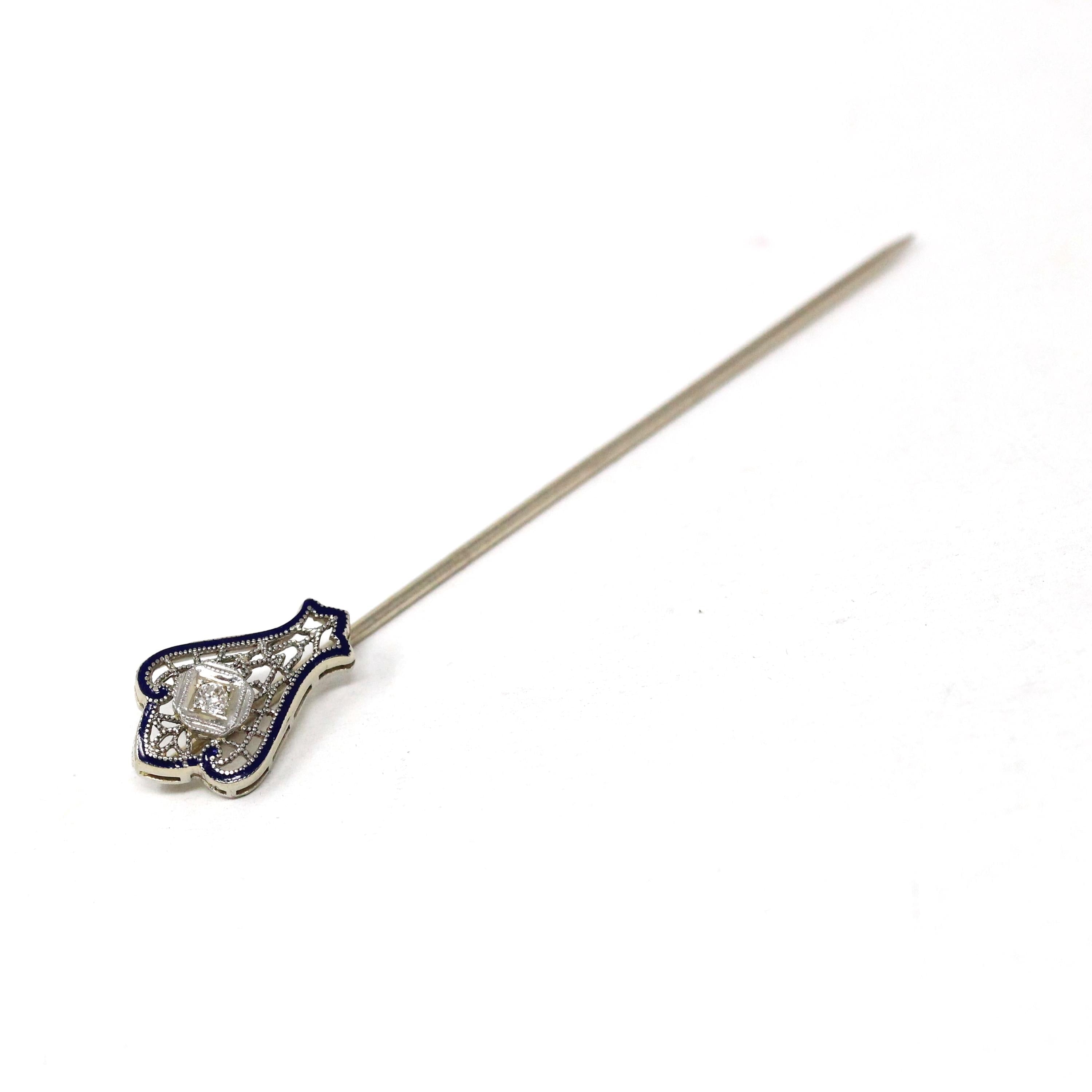 Vintage Filigree Pin - Art Deco 14k White Gold Natural Diamond Gemstone - Circa 1930s Era Fashion Accessory Dark Blue Enamel Fine Jewelry