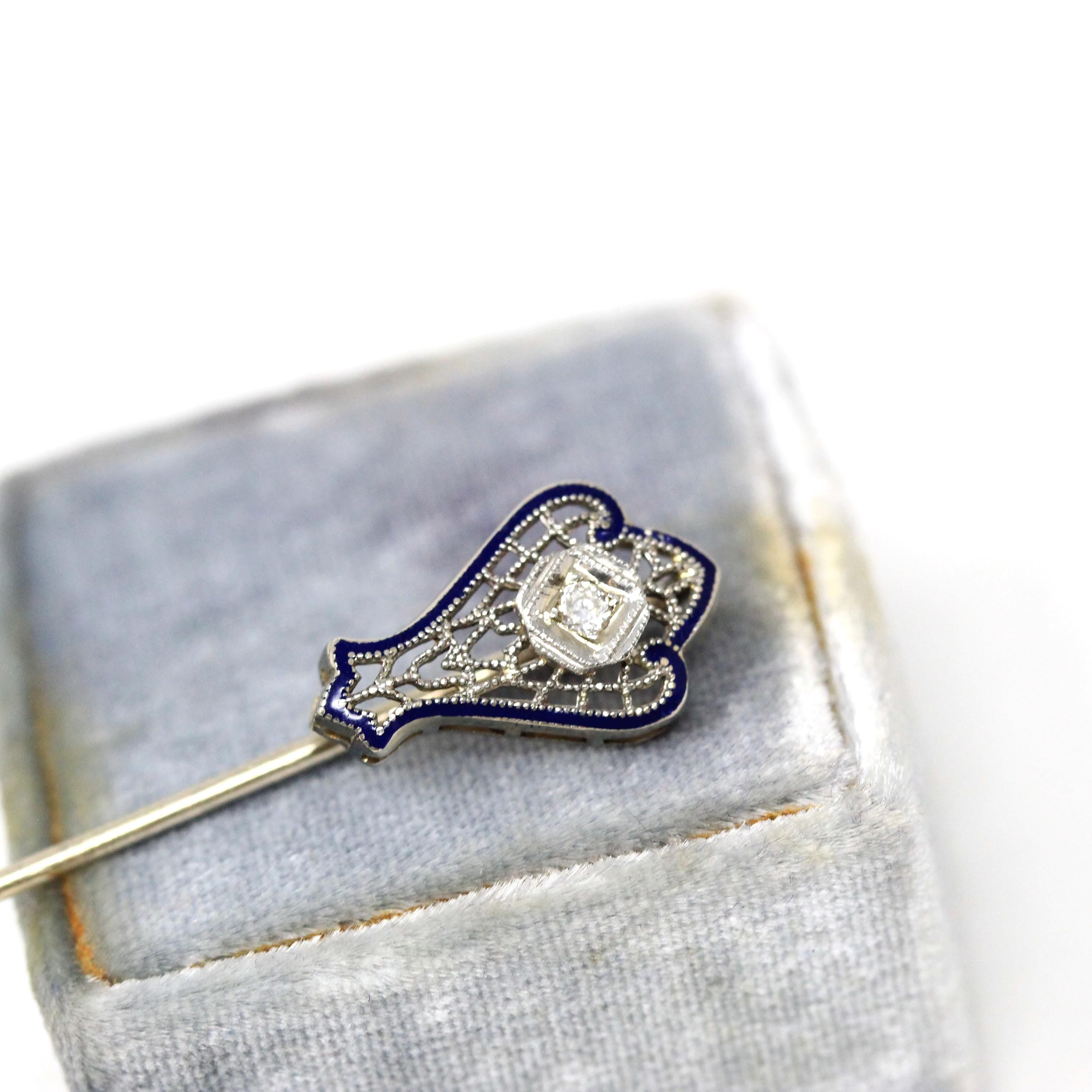 Vintage Filigree Pin - Art Deco 14k White Gold Natural Diamond Gemstone - Circa 1930s Era Fashion Accessory Dark Blue Enamel Fine Jewelry