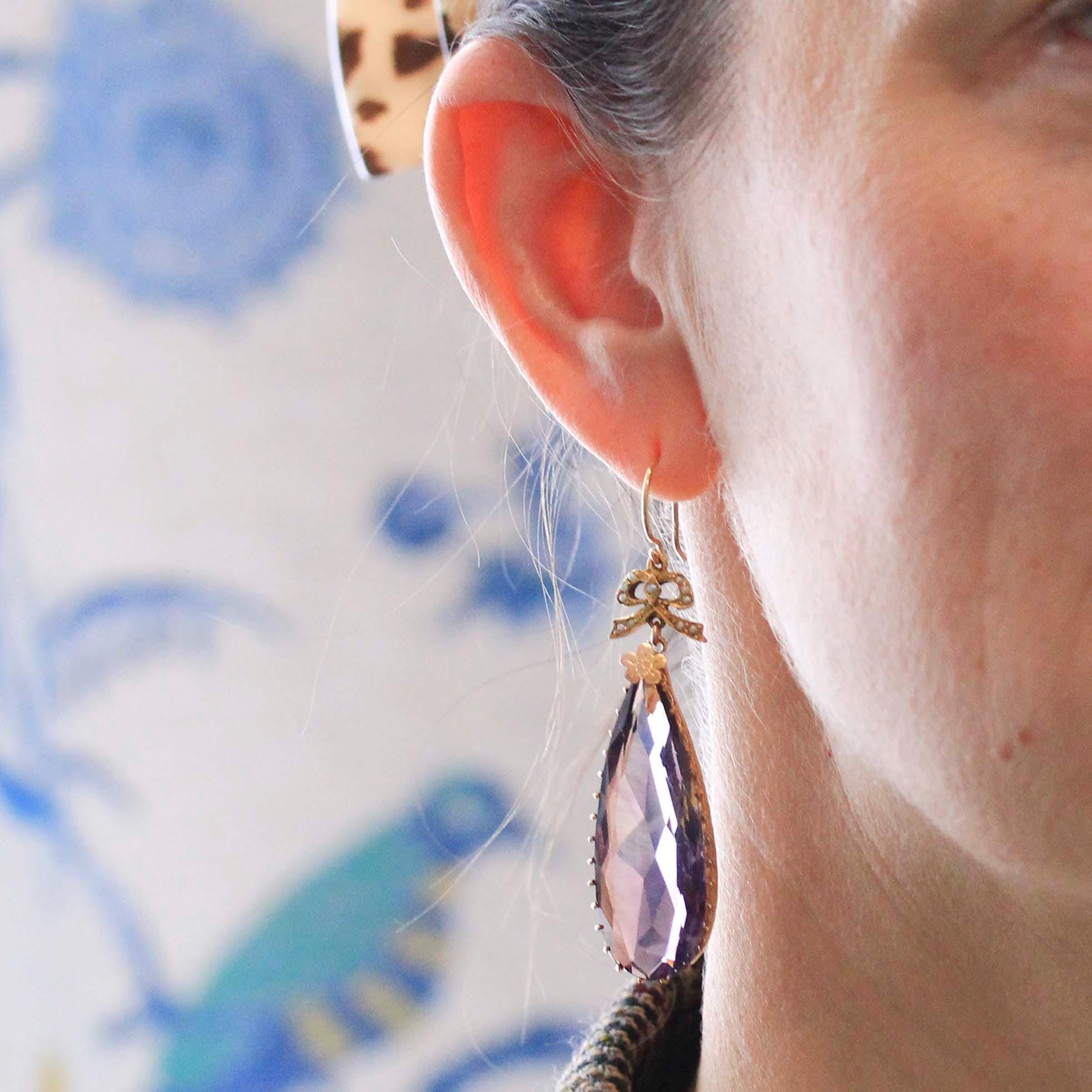 Antique Amethyst Earrings - Edwardian 10k Yellow Gold Natural Purple Teardrop Gemstone - Vintage 1910s Seed Pearl Bow Hook Wire Fine Jewelry
