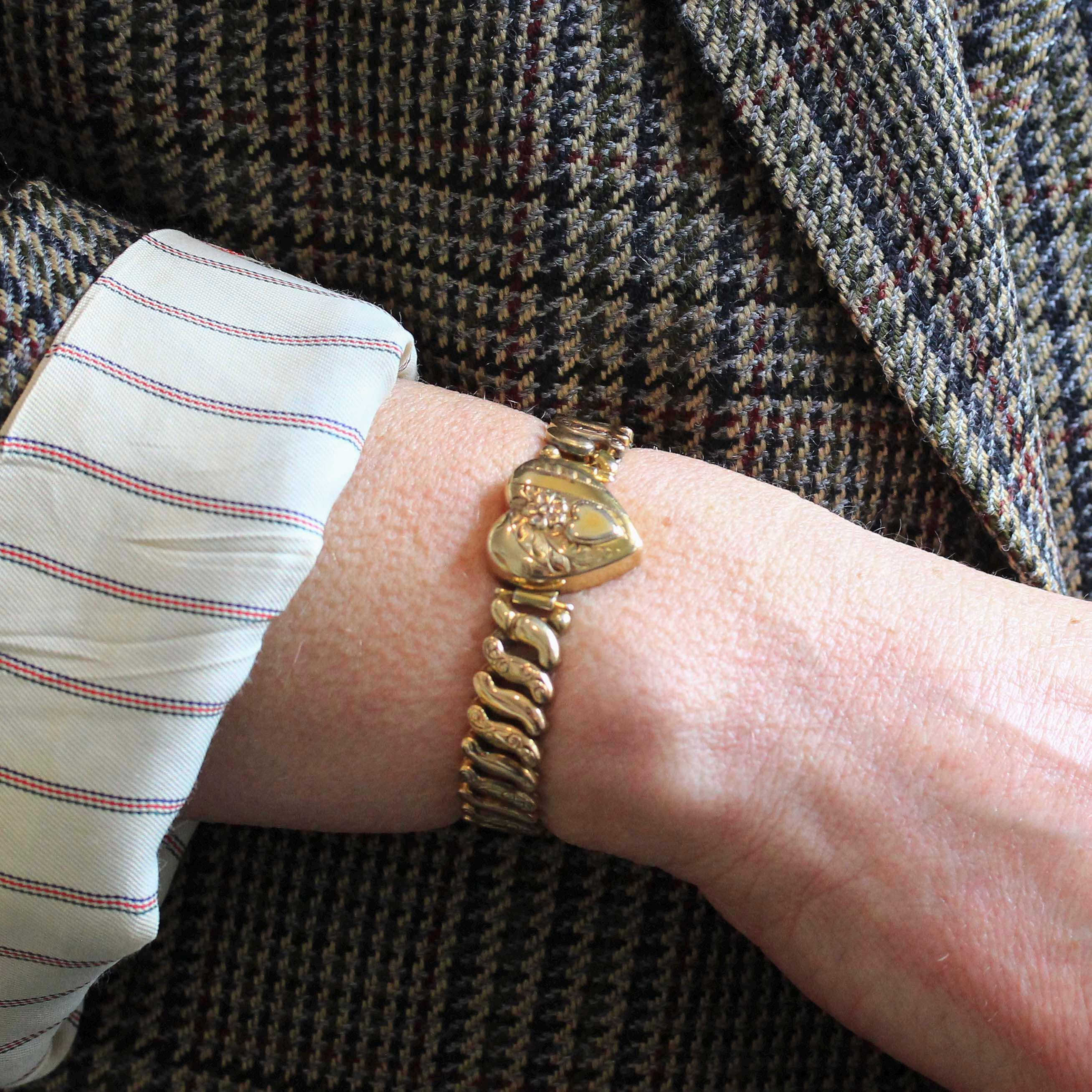 Vintage Expansion Bracelet - Retro 10k Gold Filled Sterling Base Heart Flower Stretch Links - Circa 1940s Era Statement Co Star 40s Jewelry