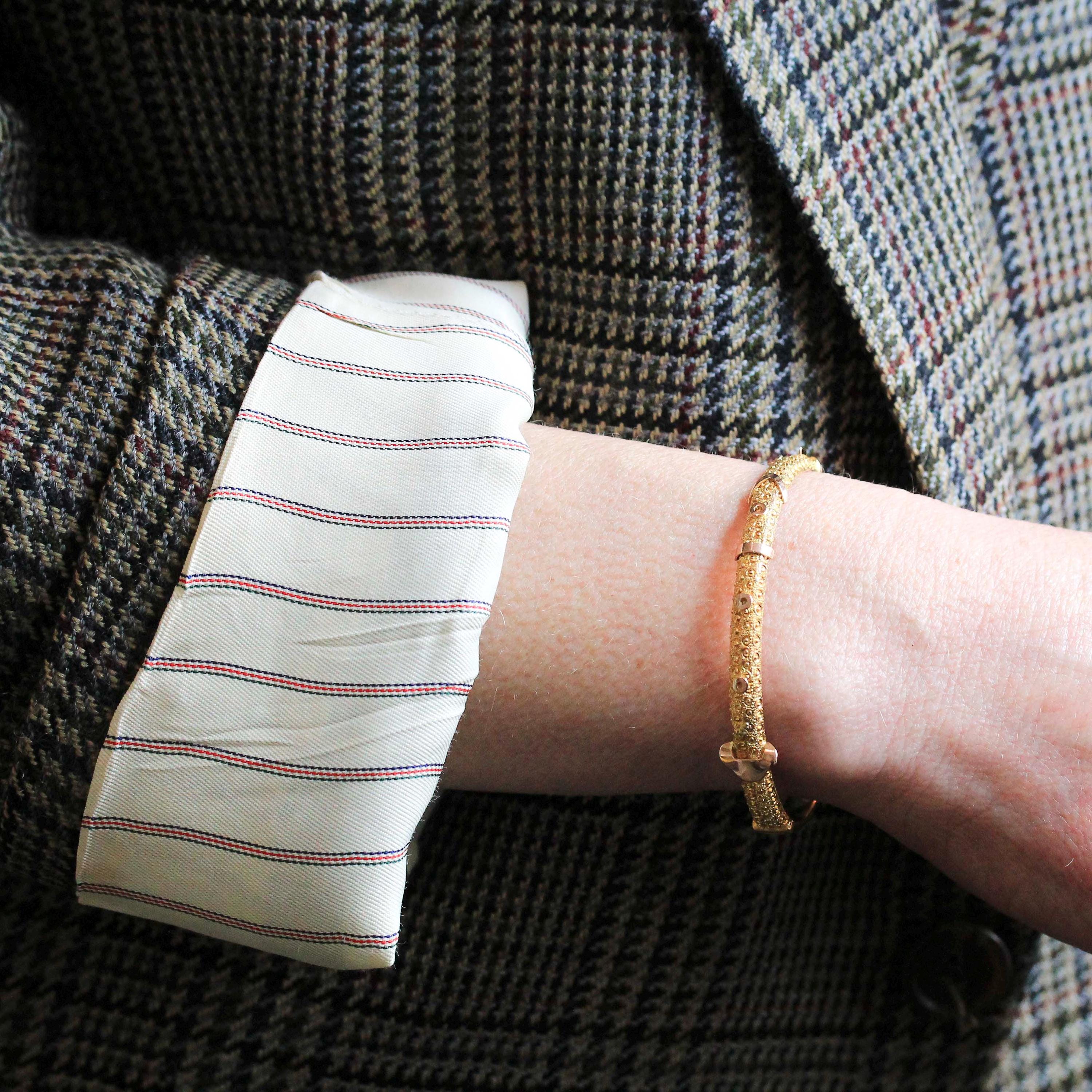 Antique Buckle Bracelet - Victorian 9k Yellow Gold Hinged Textured Belt Bangle - Circa 1890s Era Original Box By Allworthy Bros Fine Jewelry