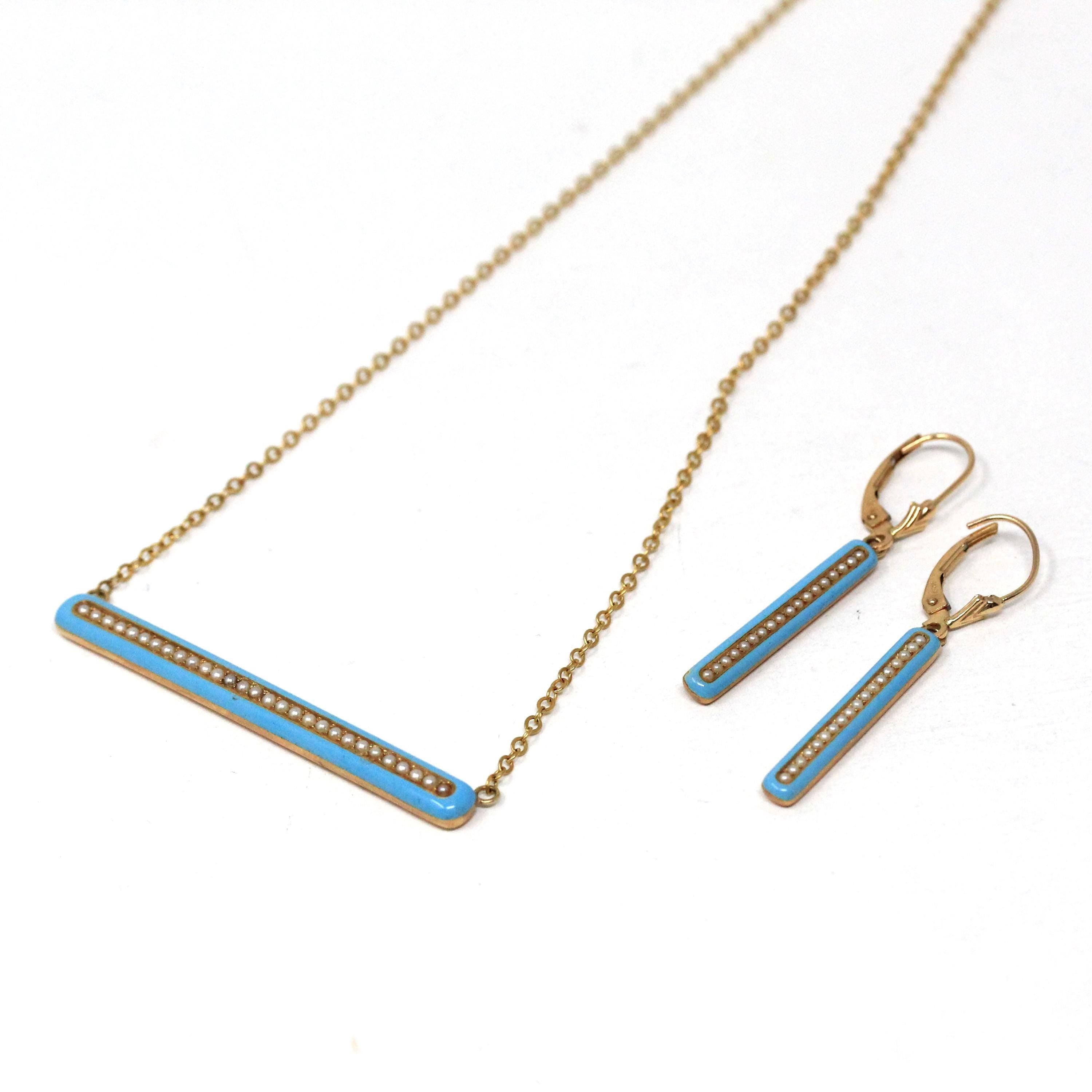 Edwardian Jewelry Set - Antique 14k Yellow Gold Blue Enamel Bar Pendant Necklace & Drop Earrings - Circa 1900s Era Seed Pearl Fine Jewelry
