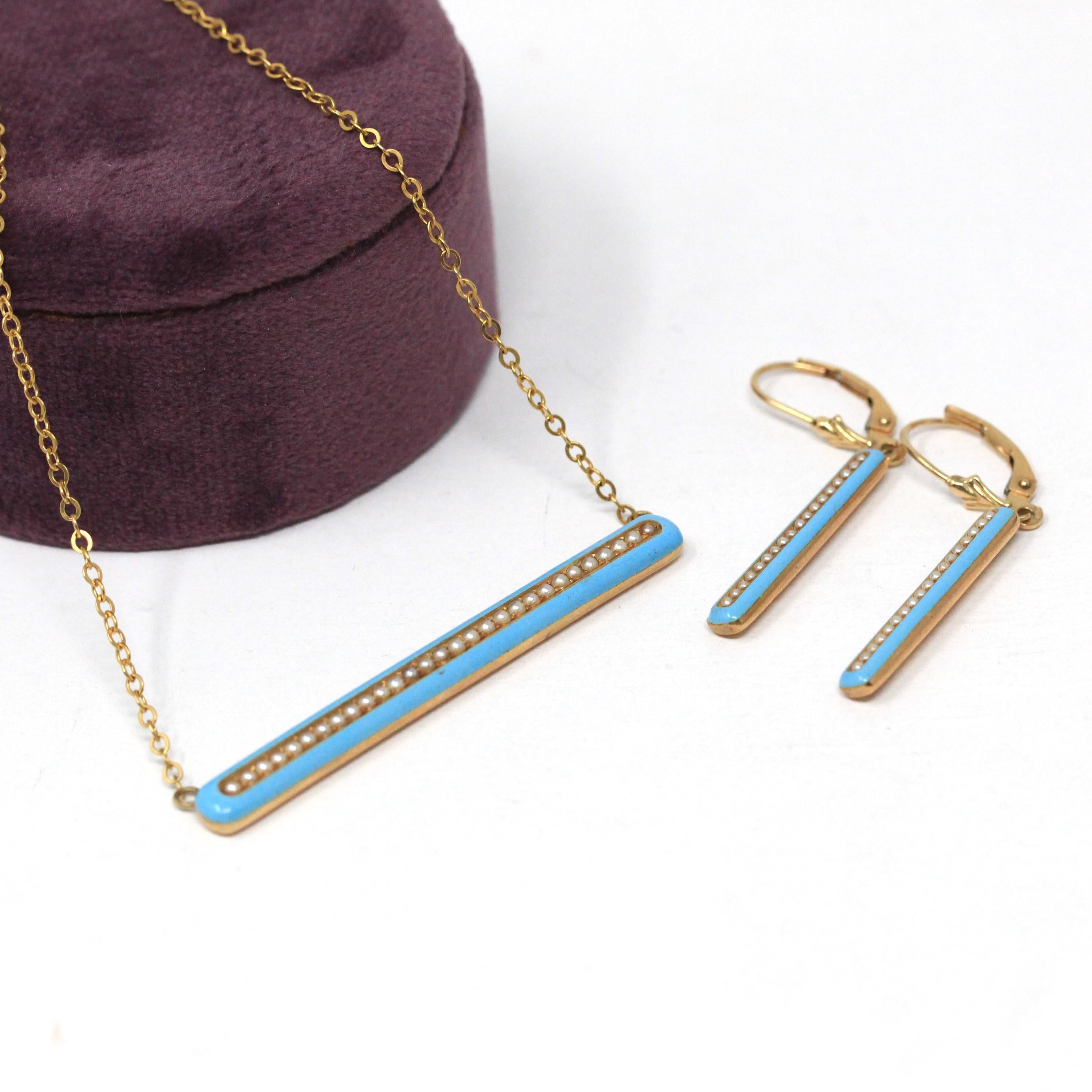 Edwardian Jewelry Set - Antique 14k Yellow Gold Blue Enamel Bar Pendant Necklace & Drop Earrings - Circa 1900s Era Seed Pearl Fine Jewelry