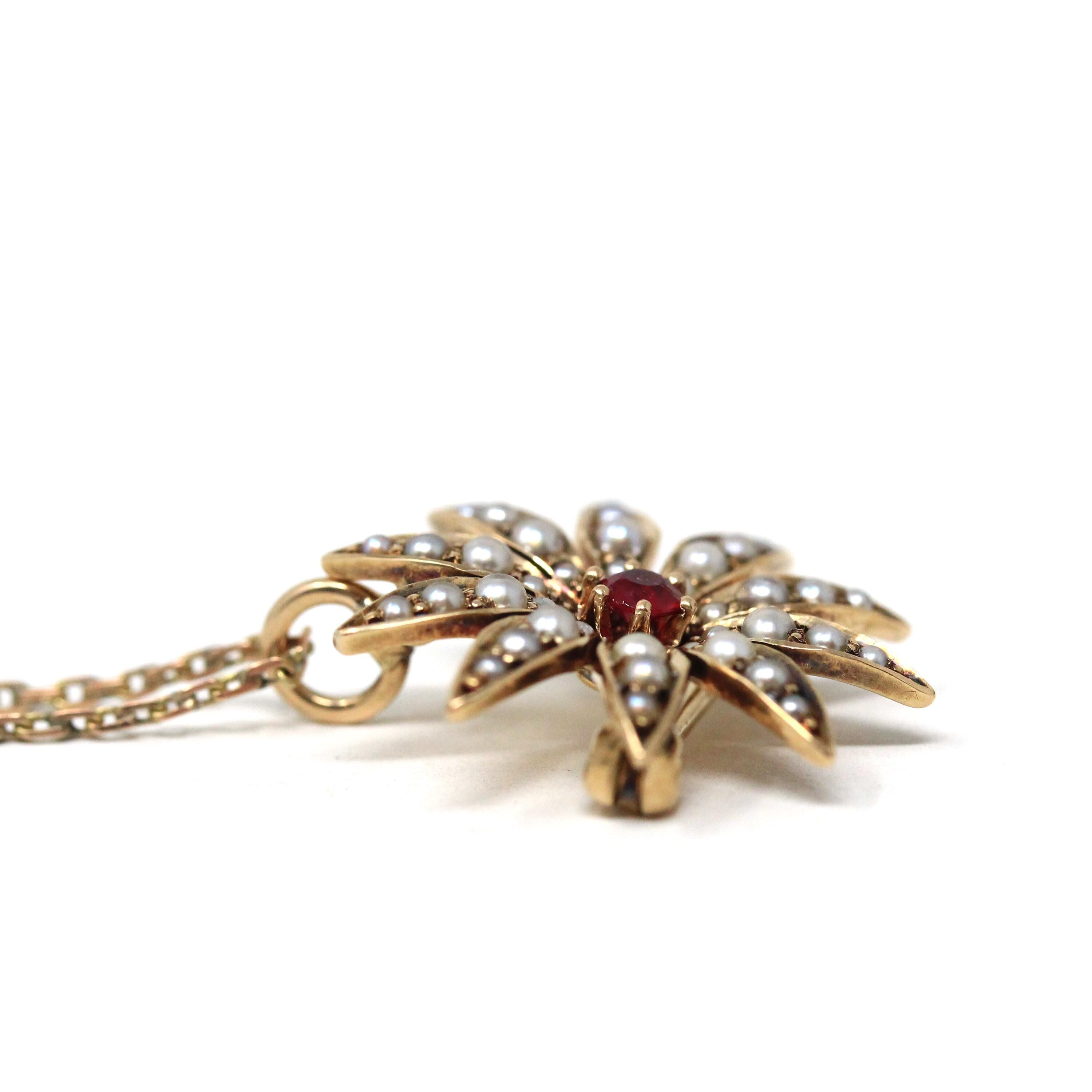 Antique Flower Pendant - Edwardian 14k Yellow Gold Brooch Charm Necklace - Circa 1900s Era Seed Pearl & Natural Ruby Starburst Fine Jewelry