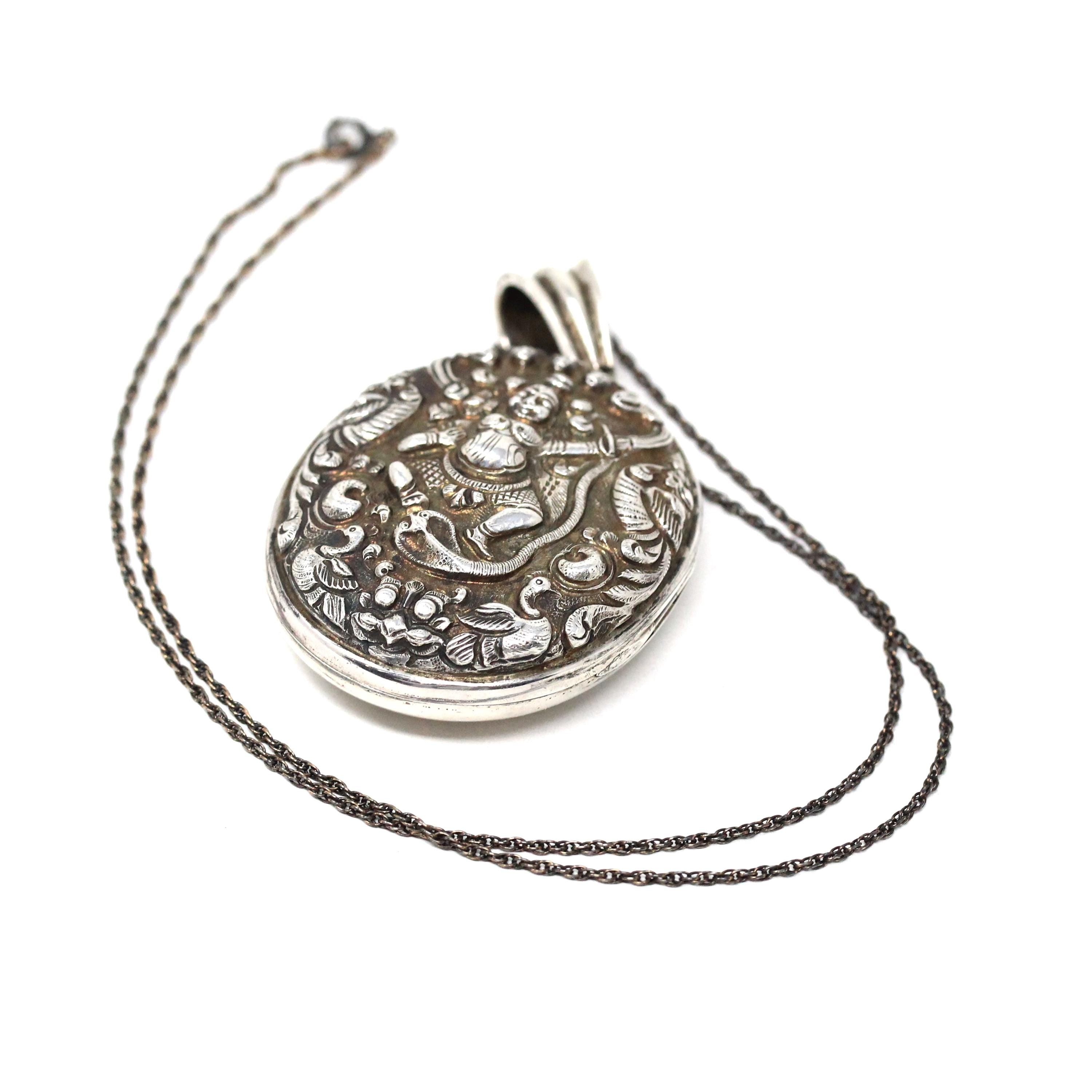 Silver Hindu Locket - Antique Victorian Sterling Large Oval Repousse Deity Pendant - Circa 1890s Era Hair Keepsake Photo Statement Jewelry