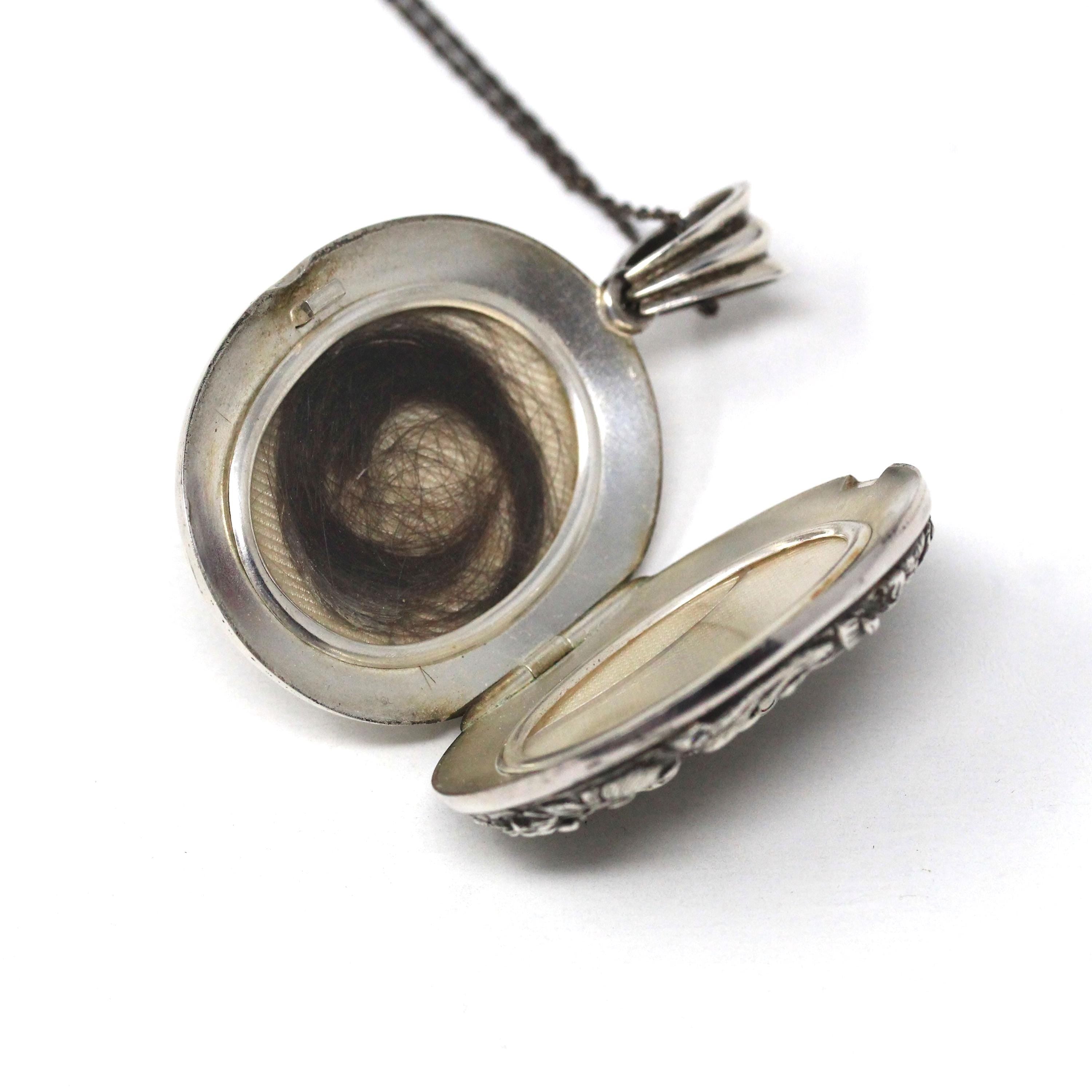 Silver Hindu Locket - Antique Victorian Sterling Large Oval Repousse Deity Pendant - Circa 1890s Era Hair Keepsake Photo Statement Jewelry