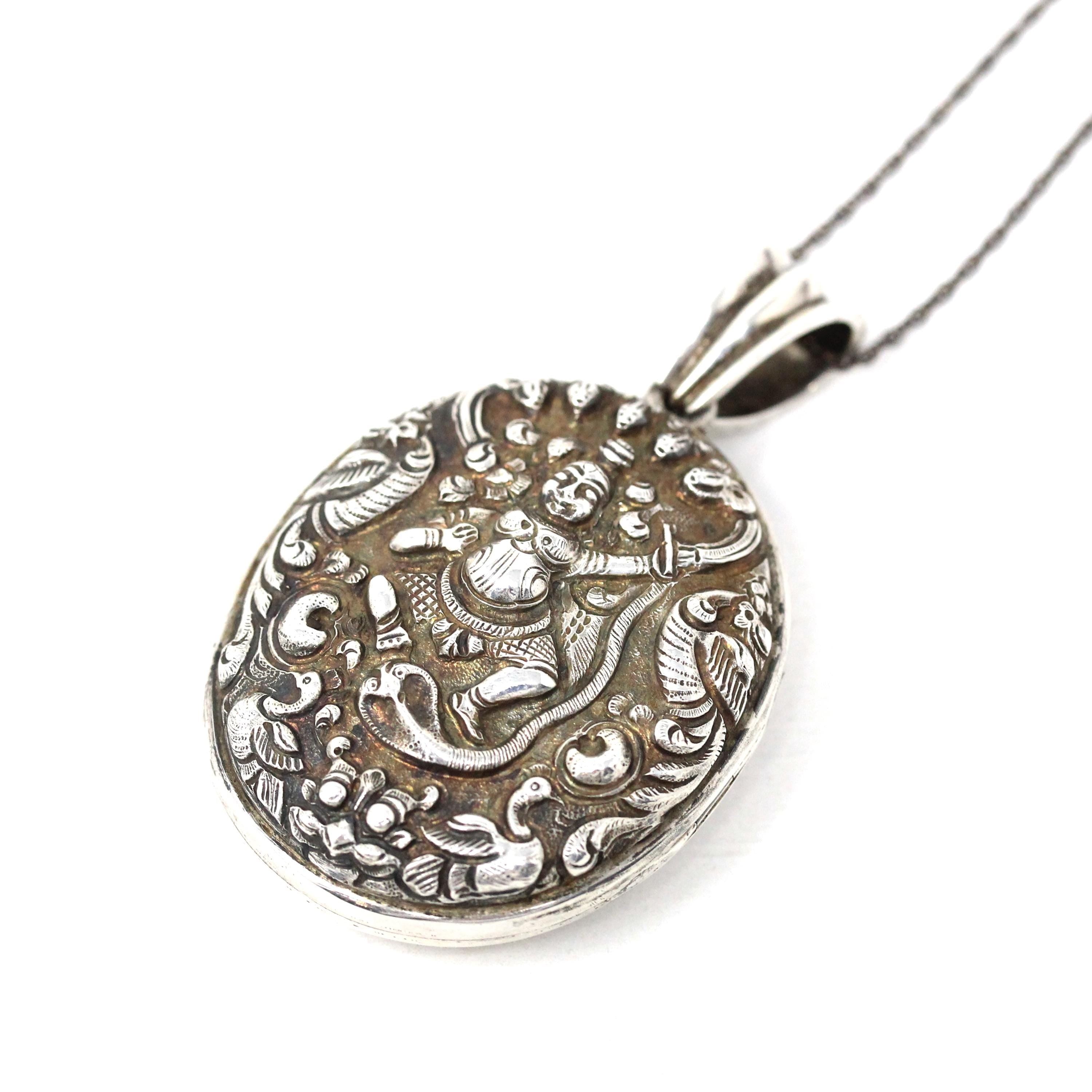 Silver Hindu Locket - Antique Victorian Sterling Large Oval Repousse Deity Pendant - Circa 1890s Era Hair Keepsake Photo Statement Jewelry