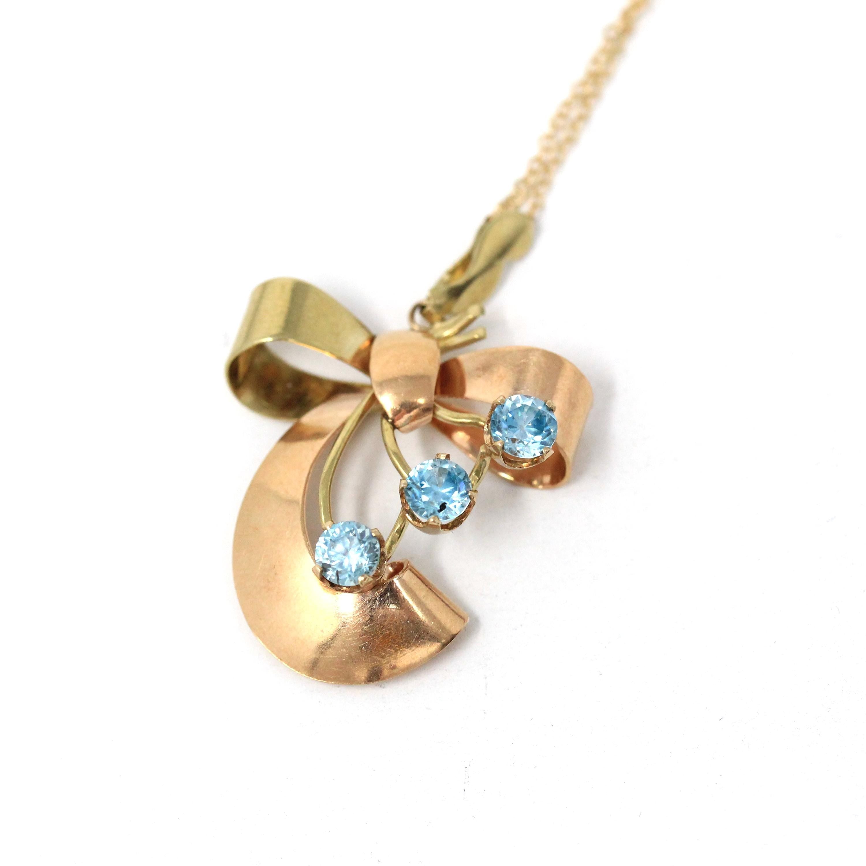 Vintage Bow Necklace - Mid Century 10k Yellow & Rose Gold Natural Blue Zircon 1.5 CTW Pendant - Circa 1940s Two Tone Fine Statement Jewelry