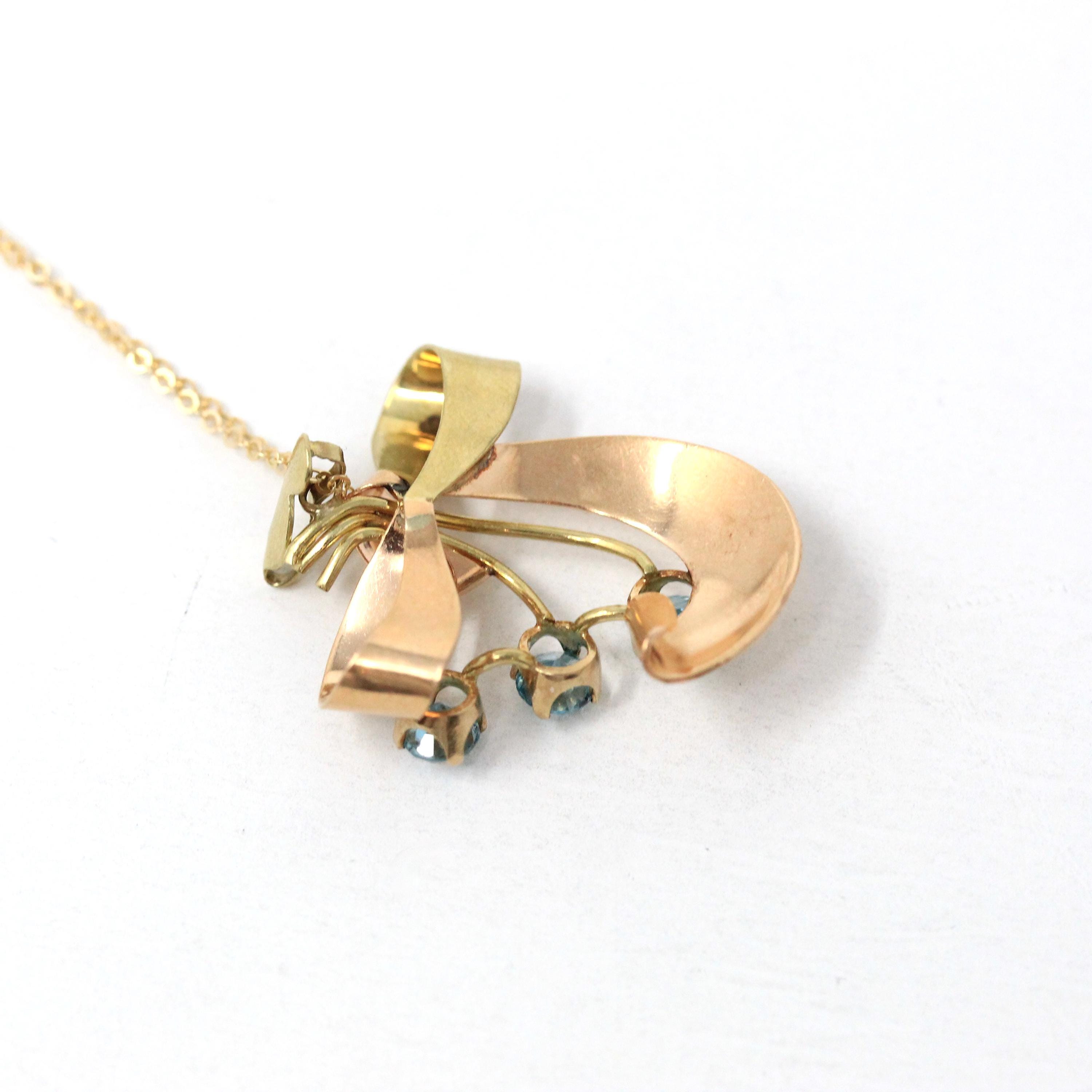 Vintage Bow Necklace - Mid Century 10k Yellow & Rose Gold Natural Blue Zircon 1.5 CTW Pendant - Circa 1940s Two Tone Fine Statement Jewelry