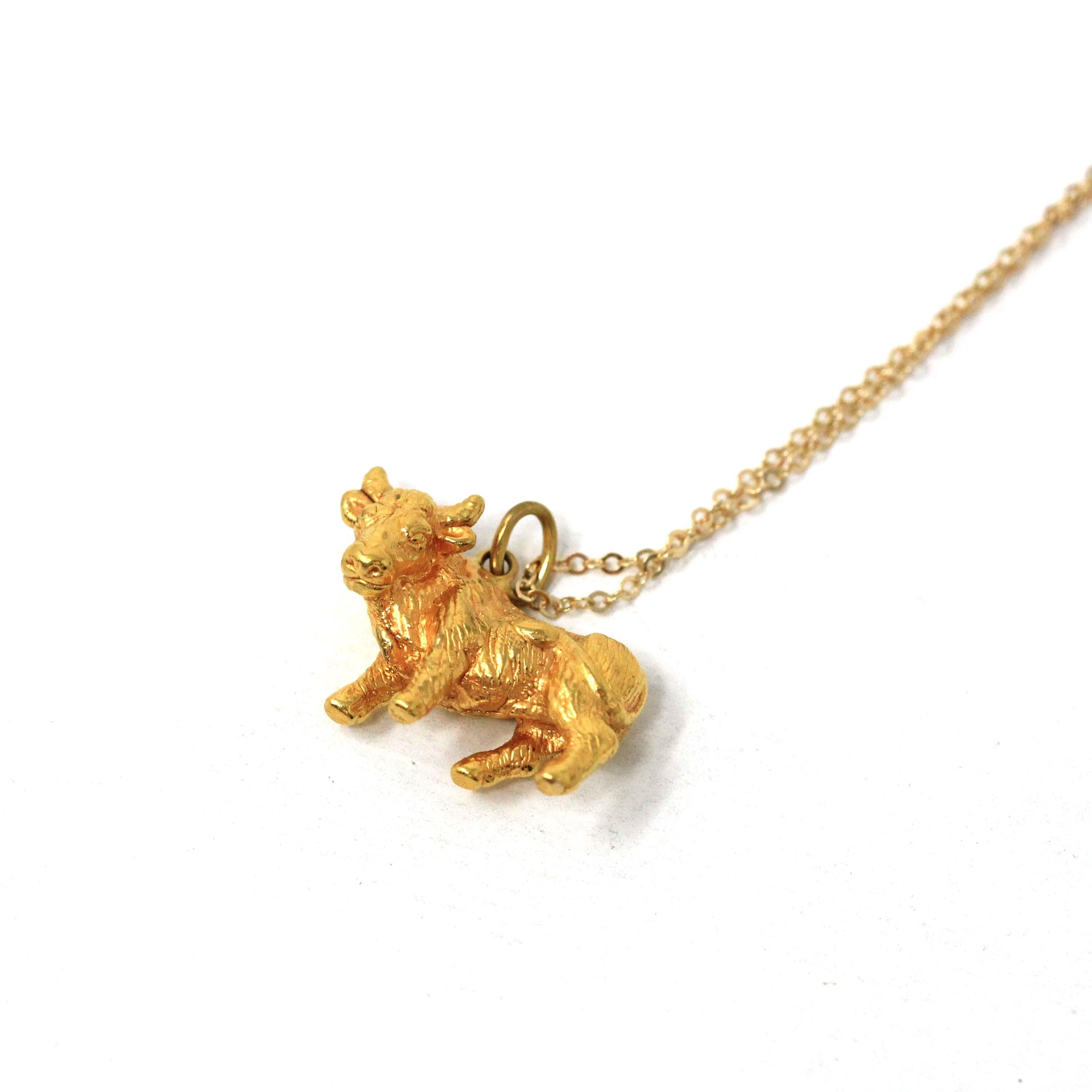 Estate Taurus Charm - Modern 14k Yellow Gold Figural Bull Pendant Necklace - Circa 1990s Era Astrological Fine Zodiac Earth Sign Jewelry