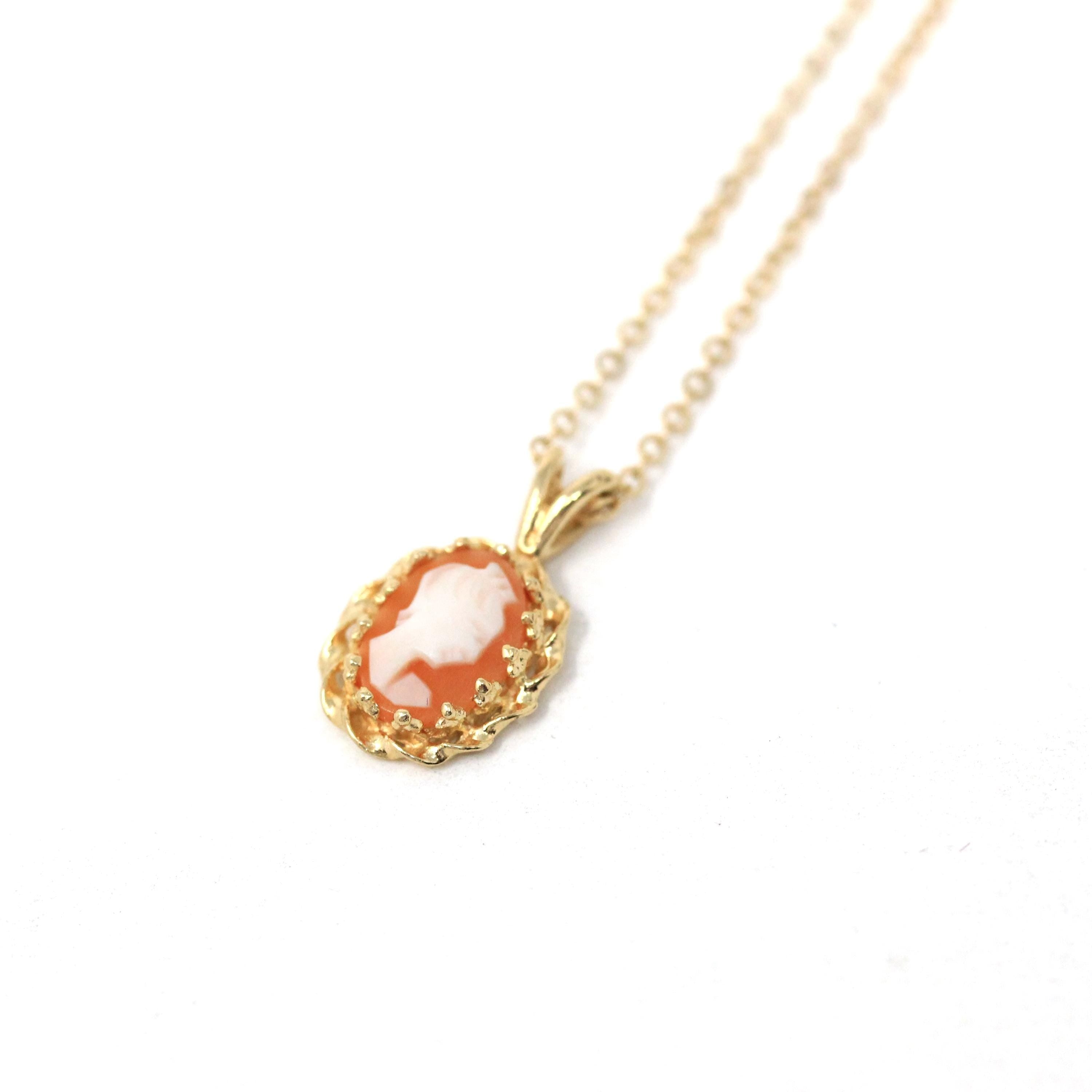 Vintage Cameo Pendant - Retro 14k Yellow Gold Carved Shell Woman's Profile Necklace - Circa 1970s Era Oval Dainty Petite Charm Fine Jewelry