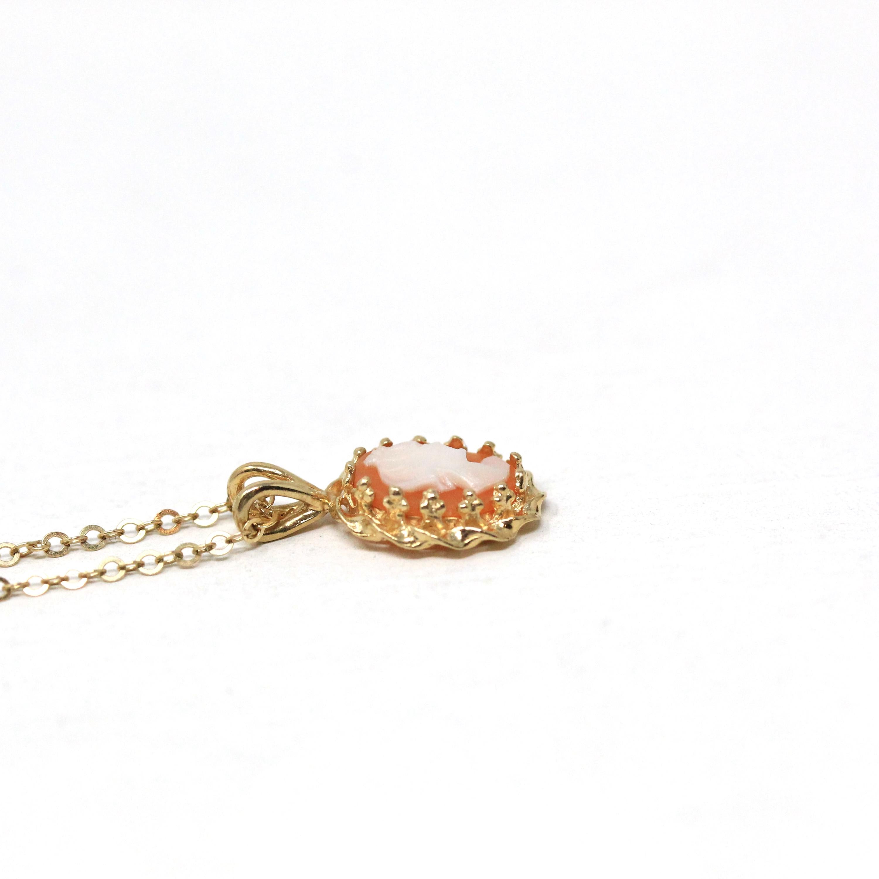 Vintage Cameo Pendant - Retro 14k Yellow Gold Carved Shell Woman's Profile Necklace - Circa 1970s Era Oval Dainty Petite Charm Fine Jewelry