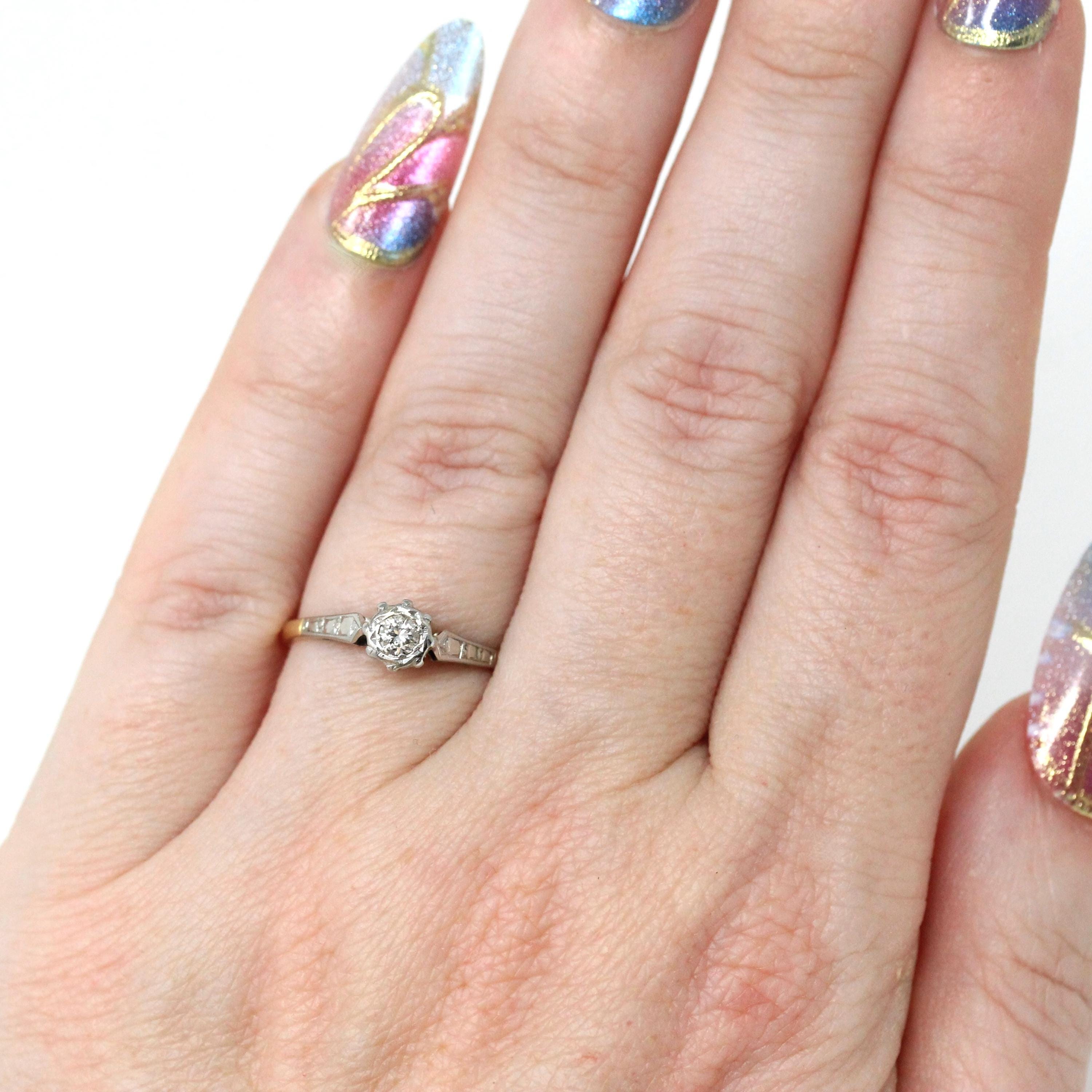 Vintage Diamond Ring - Mid Century Era 18k Yellow & White Gold Natural Gemstone Engagement - Circa 1960s Size 5 Two Tone Fine Bridal Jewelry