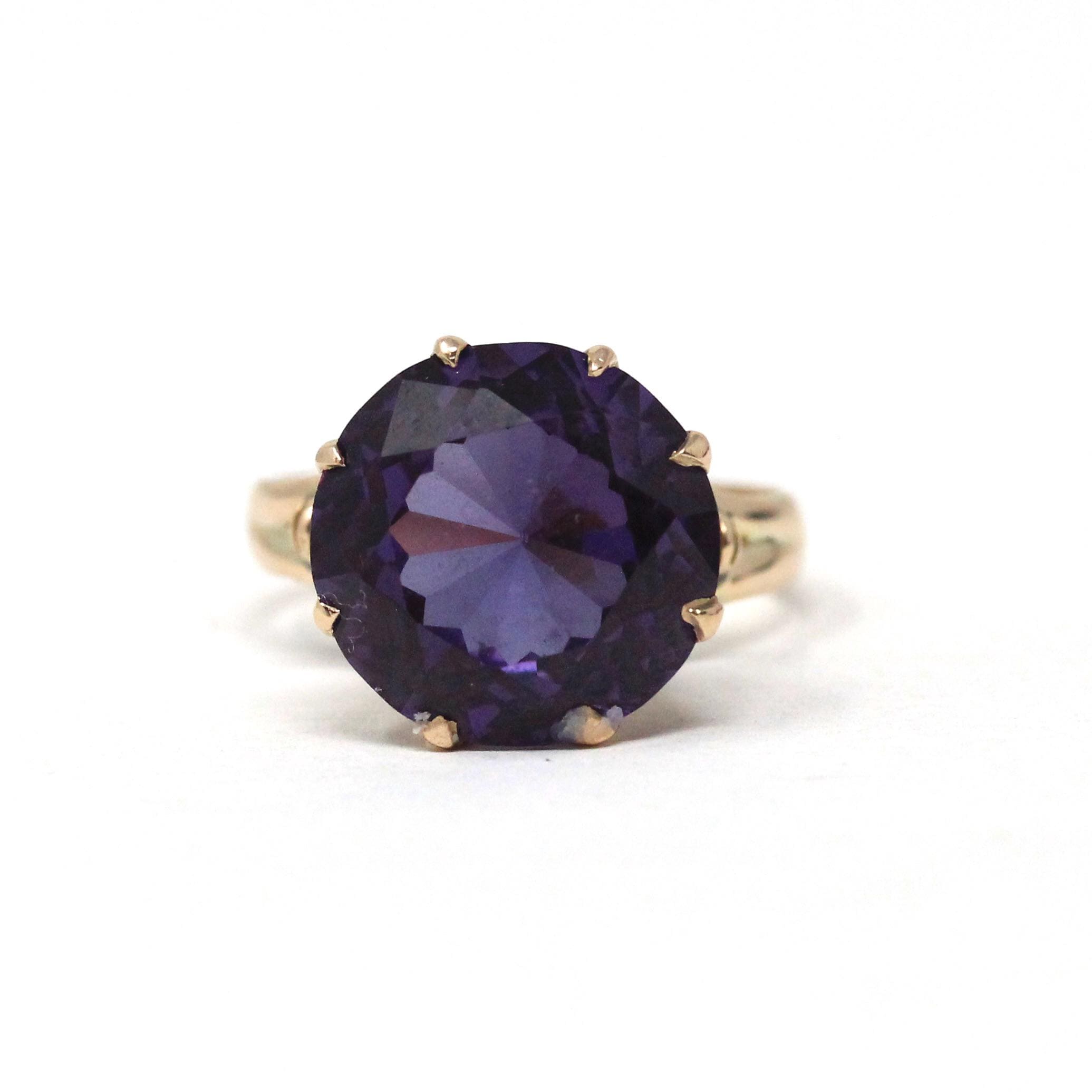 Created Color Change Sapphire Ring - Mid Century 14k Rosy Yellow Gold Purple 8.30 CT Gemstone - Circa 1950s Size 6 Fine Solitaire Jewelry