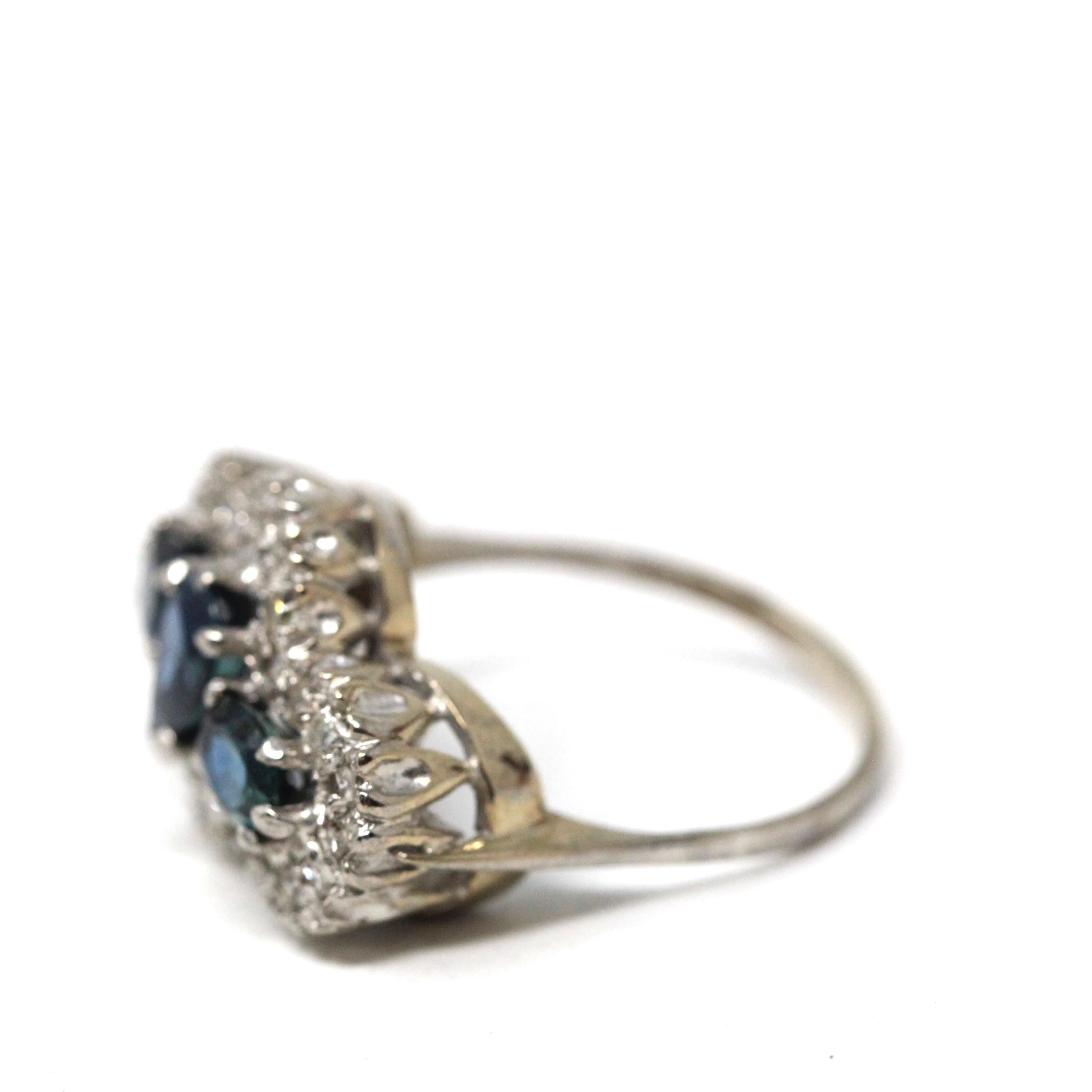 Mid Century Cocktail Ring - Vintage 18K White Gold Natural Diamonds Blue Sapphires Three Stone - Circa 1950s Era Size 7 1/4 Fine 50s Jewelry