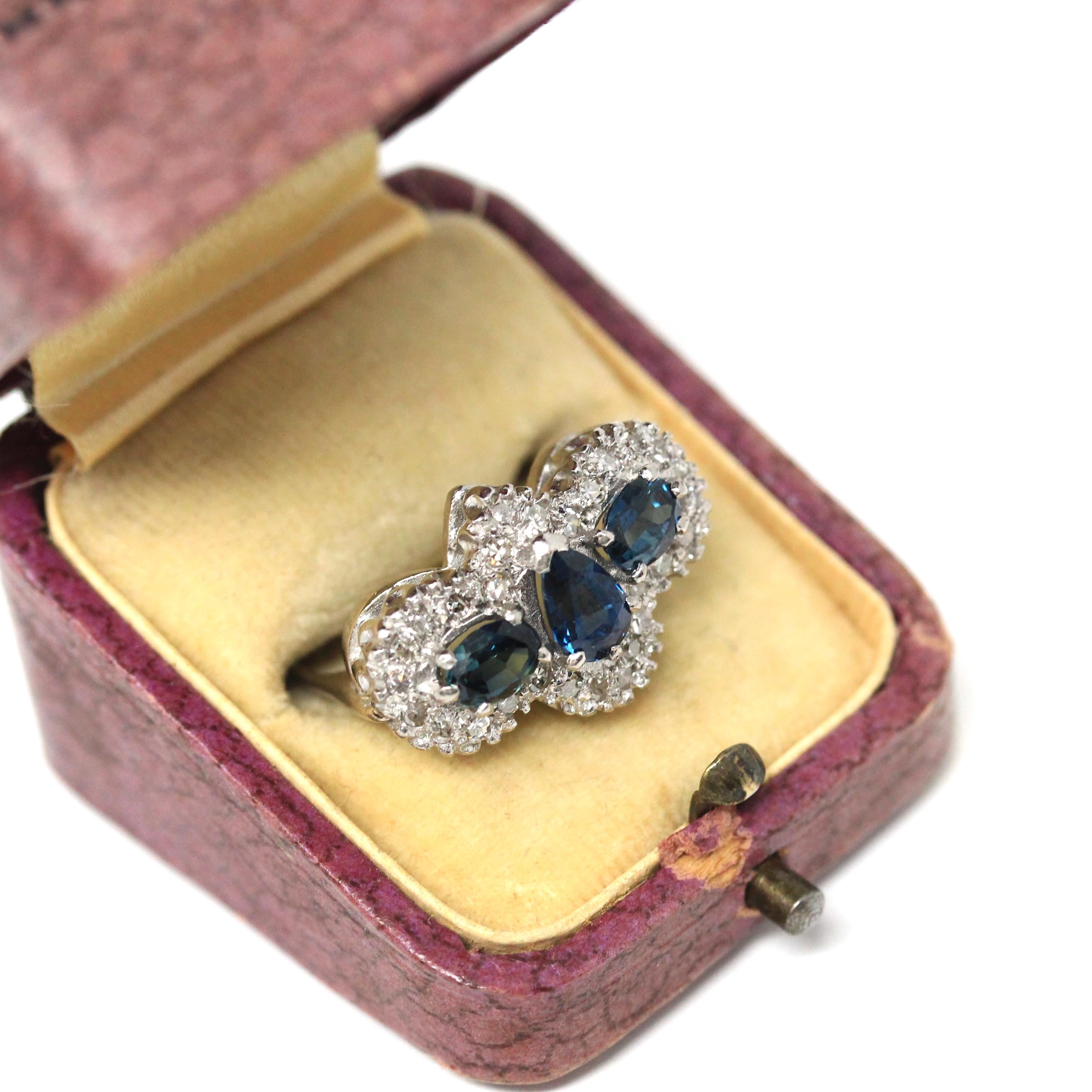 Mid Century Cocktail Ring - Vintage 18K White Gold Natural Diamonds Blue Sapphires Three Stone - Circa 1950s Era Size 7 1/4 Fine 50s Jewelry
