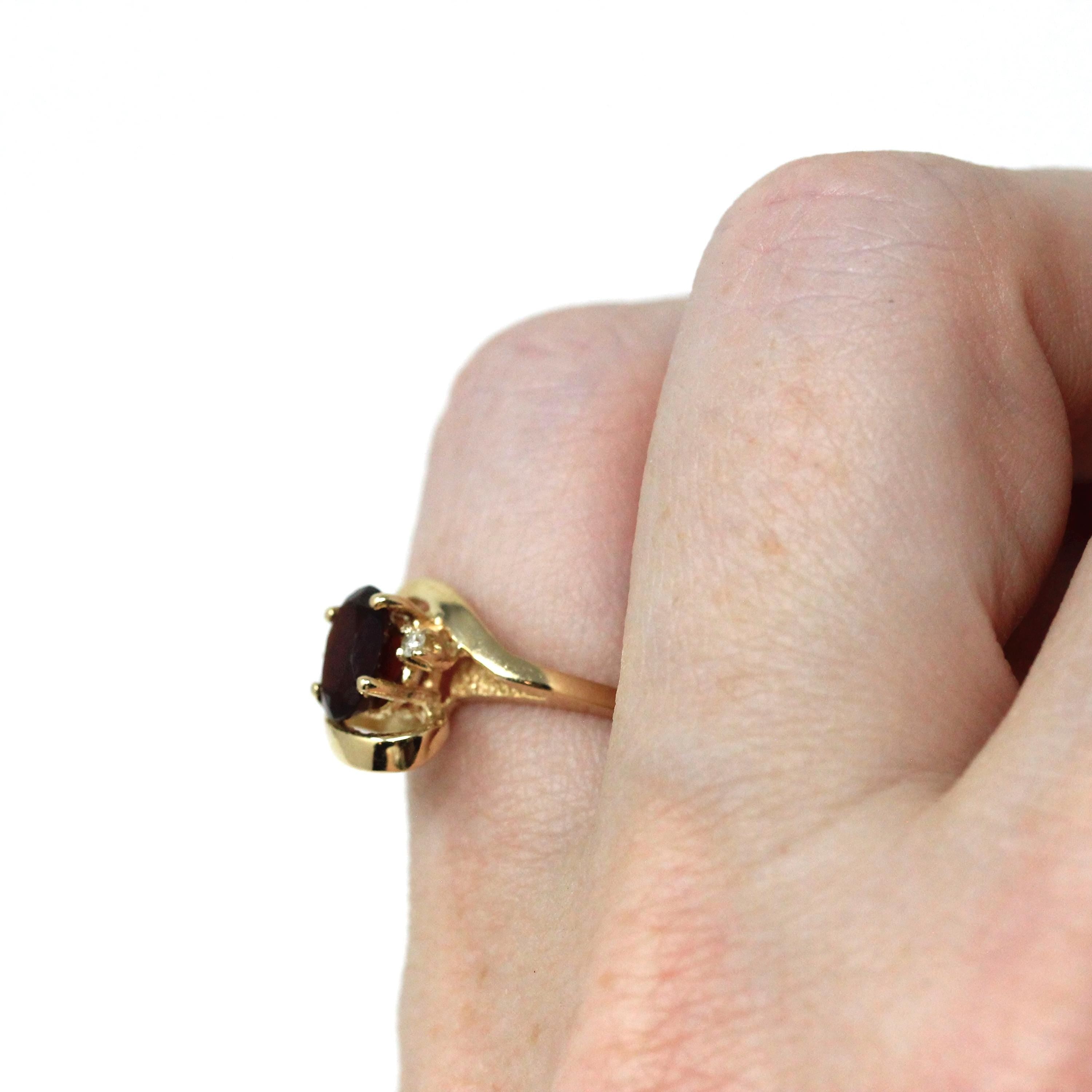 Modern Garnet Ring - Estate 14k Yellow Gold Oval Cut Red Gem & Diamond Bypass - Circa 2000s Era Size 4 1/2 January Birthstone Fine Jewelry