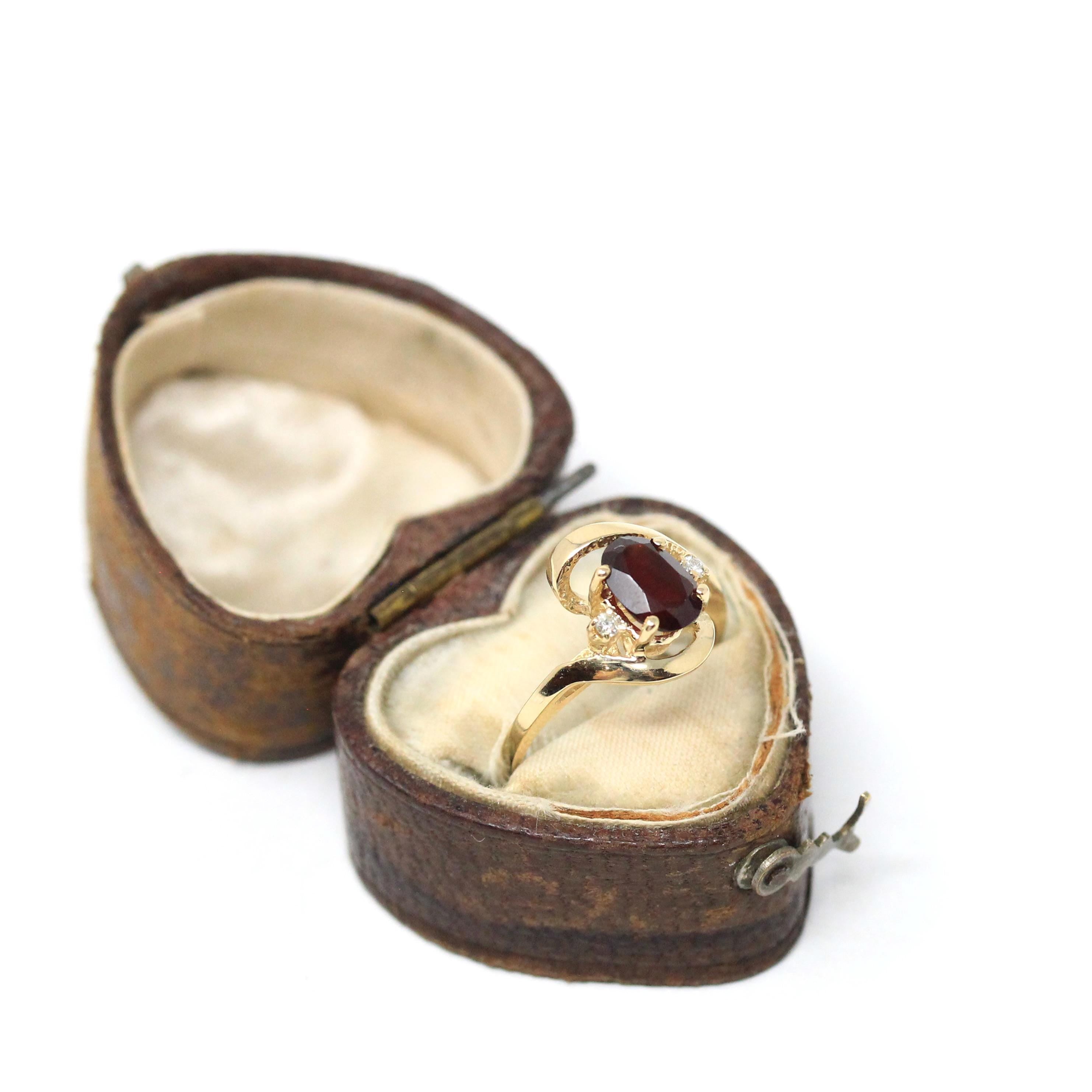 Modern Garnet Ring - Estate 14k Yellow Gold Oval Cut Red Gem & Diamond Bypass - Circa 2000s Era Size 4 1/2 January Birthstone Fine Jewelry