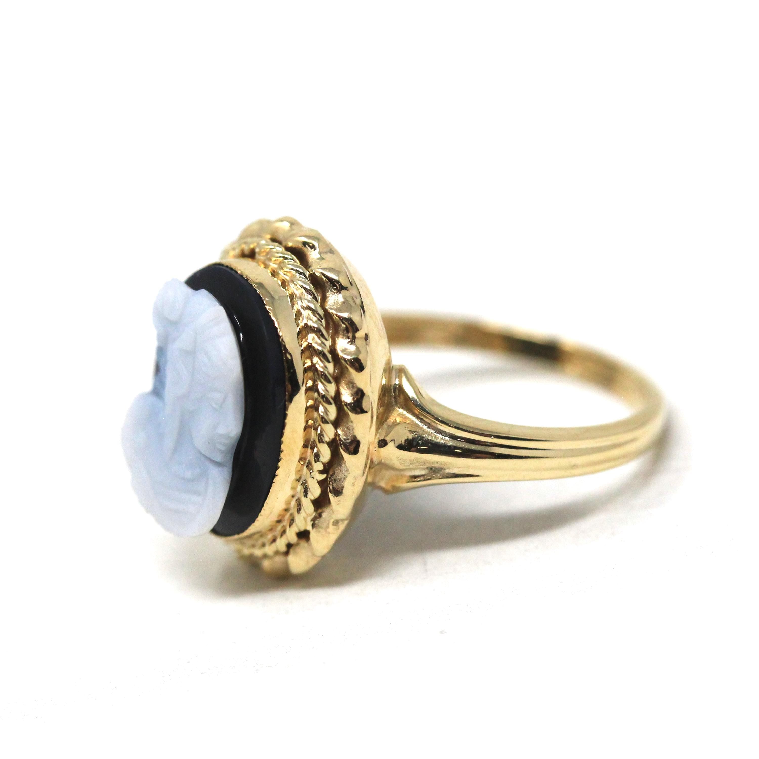 Vintage Onyx Cameo Ring - Retro 10k Yellow Gold Carved Oval Black and White Woman's Profile Silhouette - Circa 1960s Size 5 1/2 Fine Jewelry