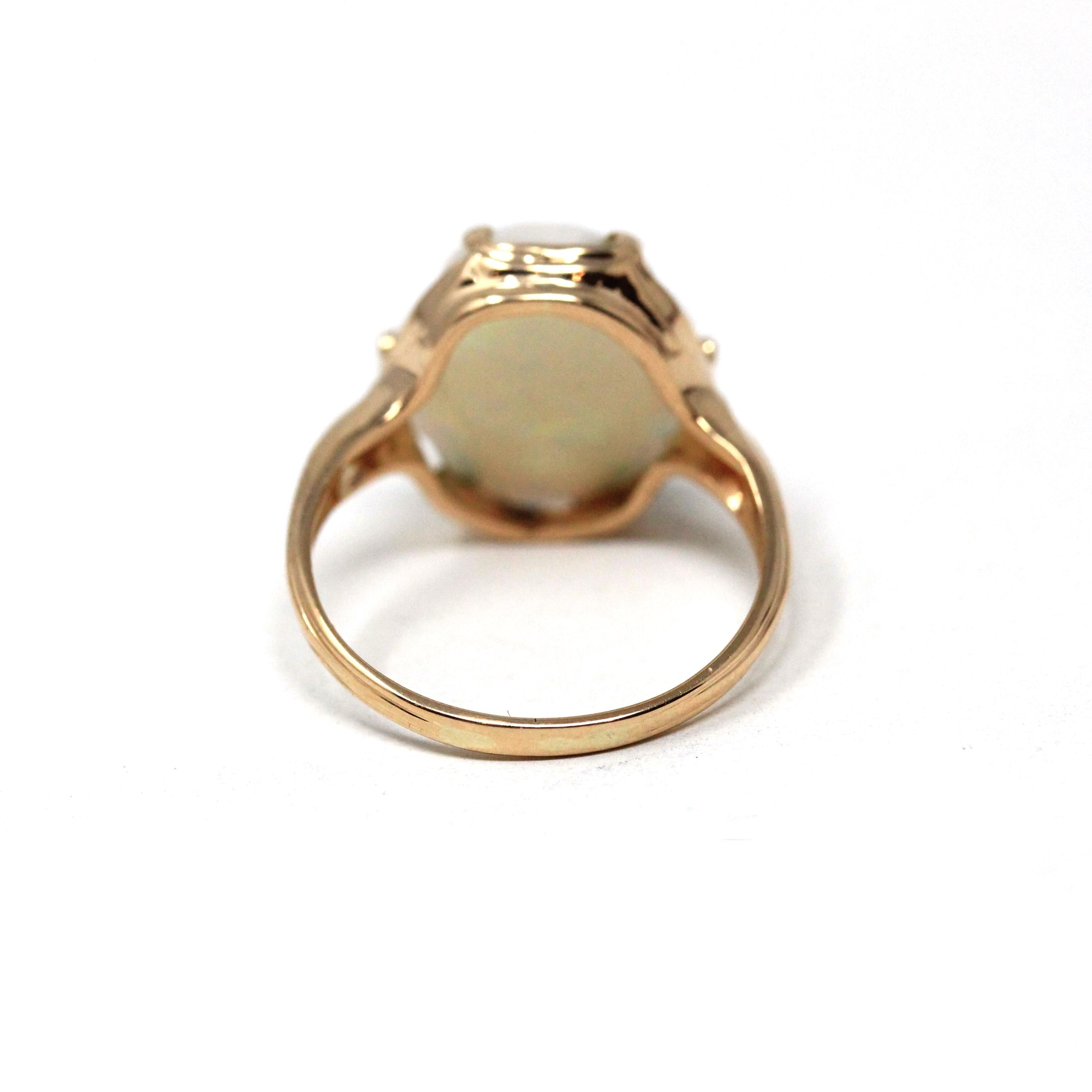 Vintage Opal Ring - Retro Era 14k Yellow Gold Fancy Cut Oval Cabochon Gem Solitaire - Circa 1960s Size 6 3/4 Fine October Birthstone Jewelry