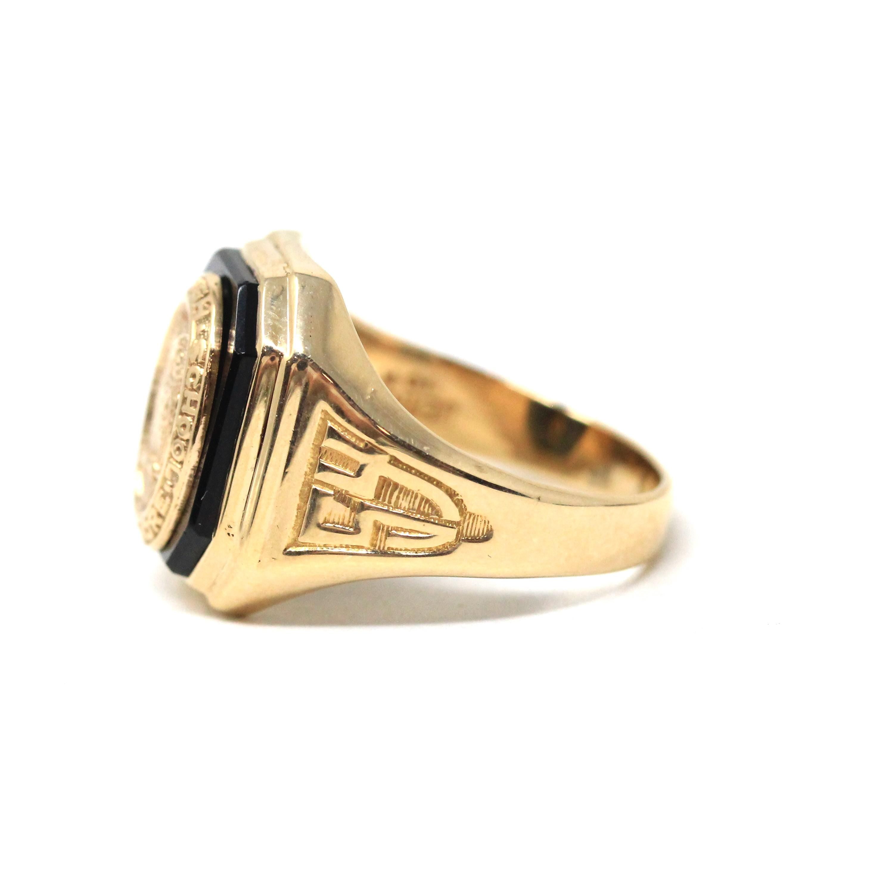 Onyx Signet Ring - Mid Century 10k Yellow Gold Natural Black Chalcedony Gem - Dated 1954 Size 8 Evening High School of Baltimore Owl Jewelry