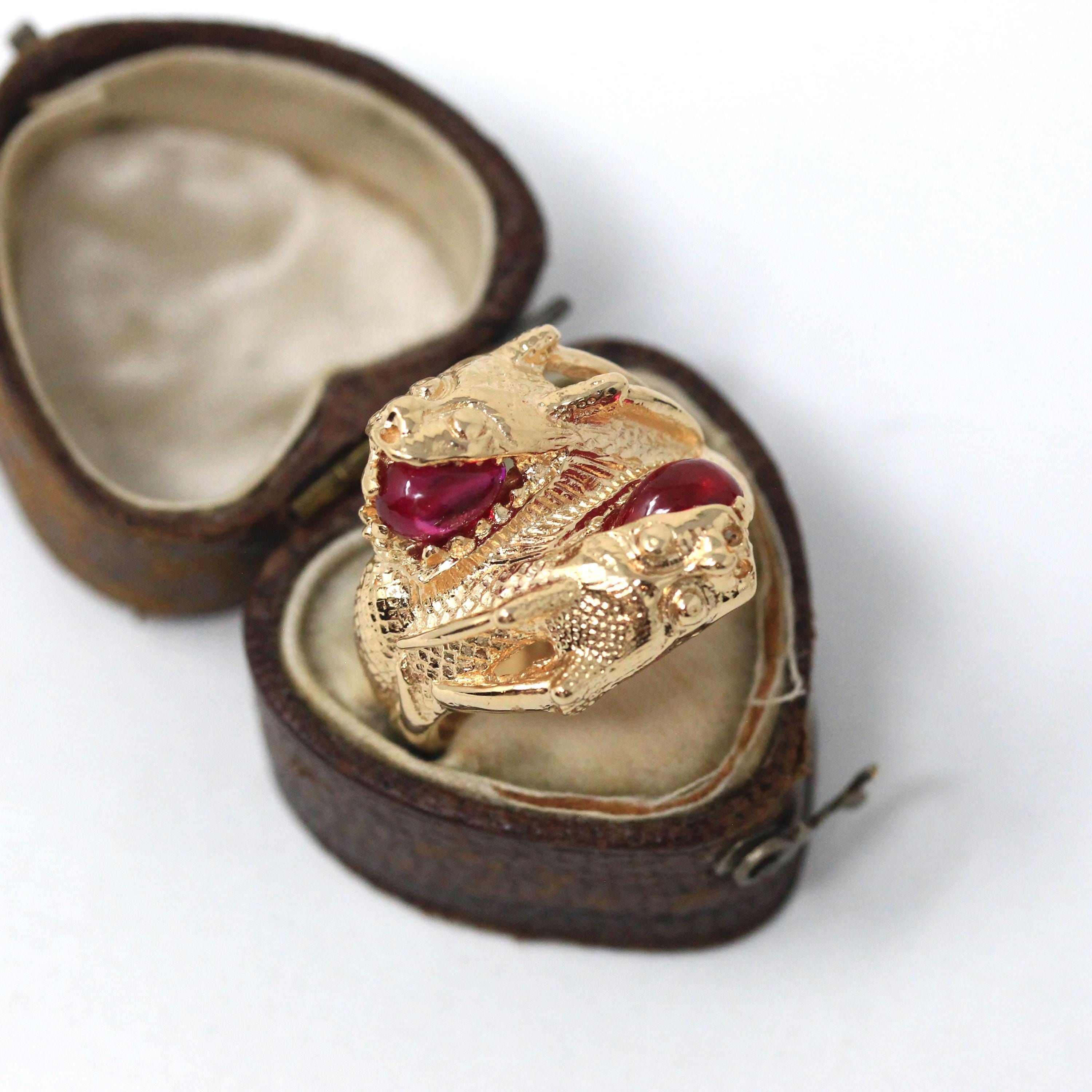 Dragon Bypass Ring - Modern 14k Yellow Gold Red Created Ruby Gemstones - Estate Circa 2000s Era Size 8.25 Fine Mythical Statement Jewelry