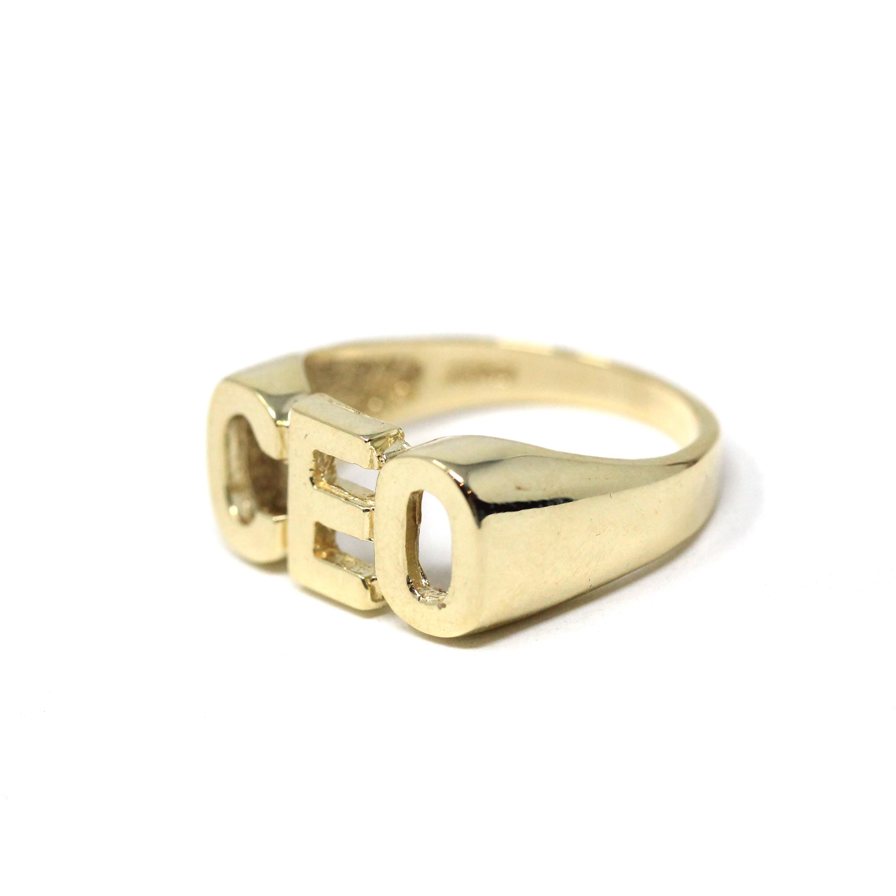 Modern "CEO" Ring - Estate 10k Yellow Gold Signet Letters Band - Unisex Boss Manager Gift Size 9 1/4 Initials Statement Fine Jewelry