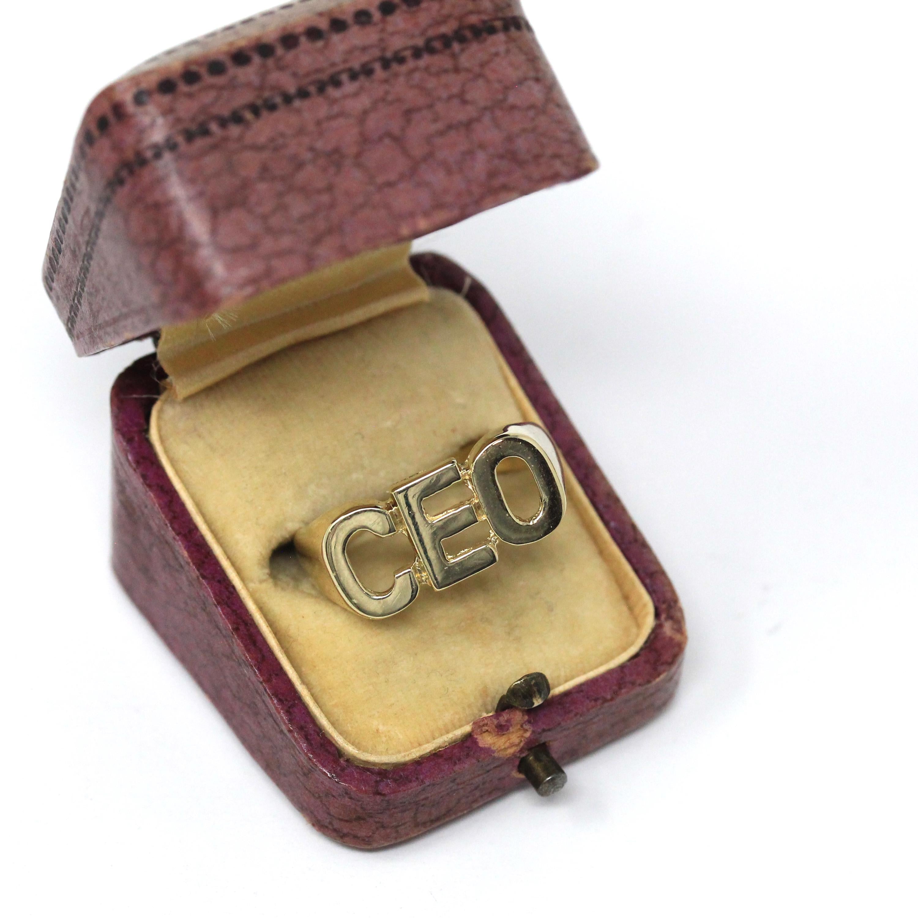 Modern "CEO" Ring - Estate 10k Yellow Gold Signet Letters Band - Unisex Boss Manager Gift Size 9 1/4 Initials Statement Fine Jewelry