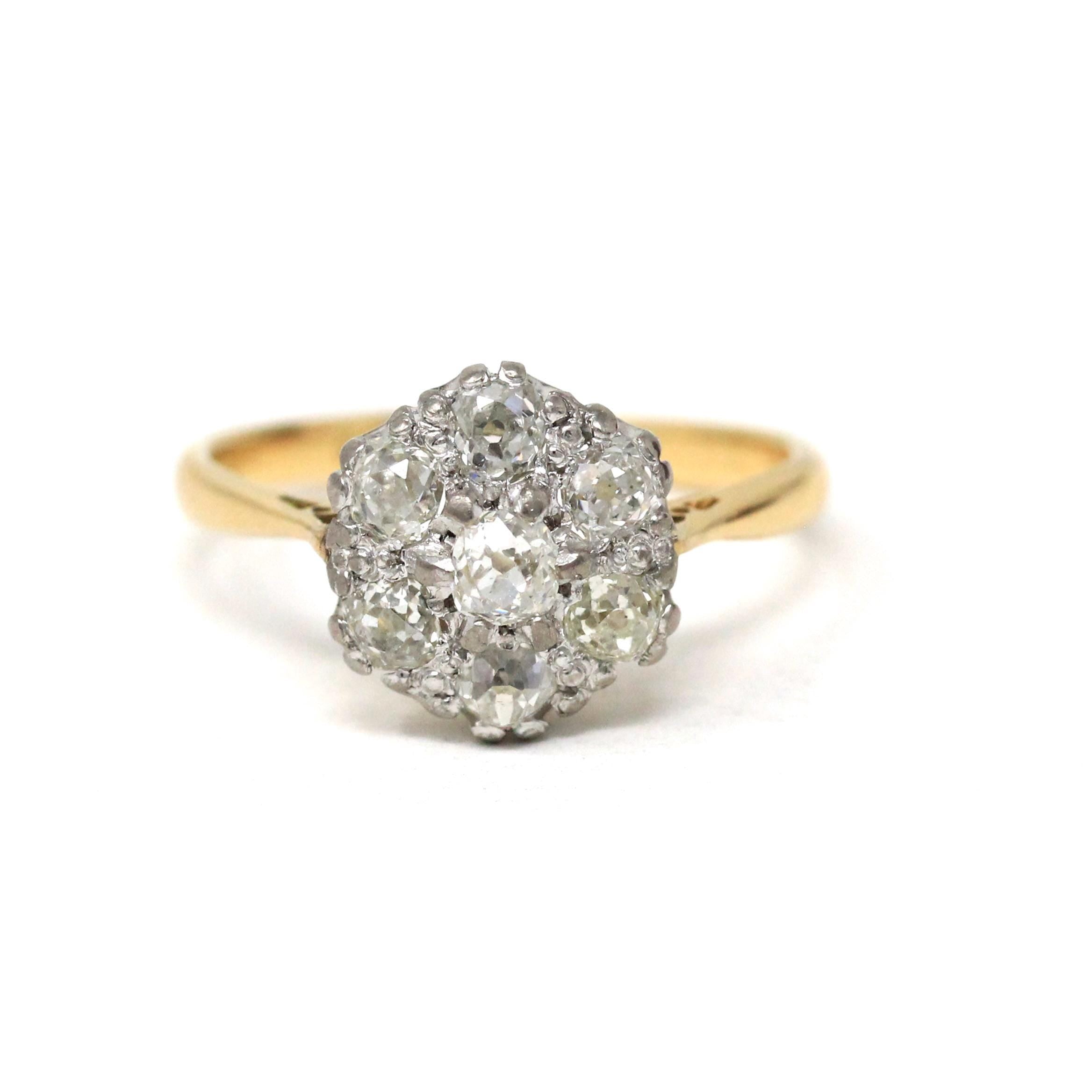 Antique Diamond Halo Ring - Edwardian 18k Yellow Gold Platinum Natural Gems Cluster Engagement - Vintage Size 8 3/4 1900s Era Fine Jewelry