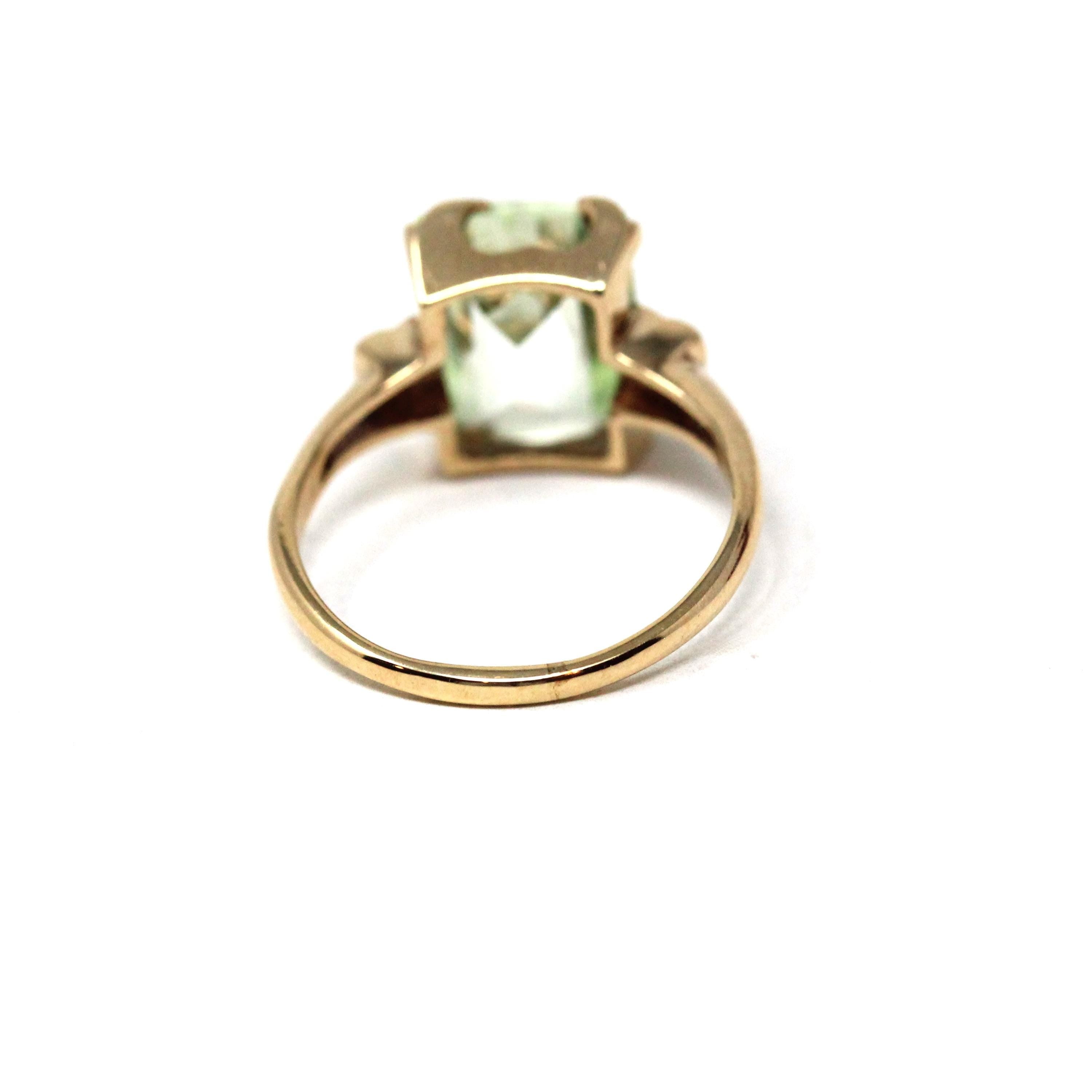 Created Spinel Ring - Mid Century 10k Yellow Gold Fancy Cut Rectangular Light Green Gem - Vintage Circa 1940s Era Size 5 Fine 40s Jewelry