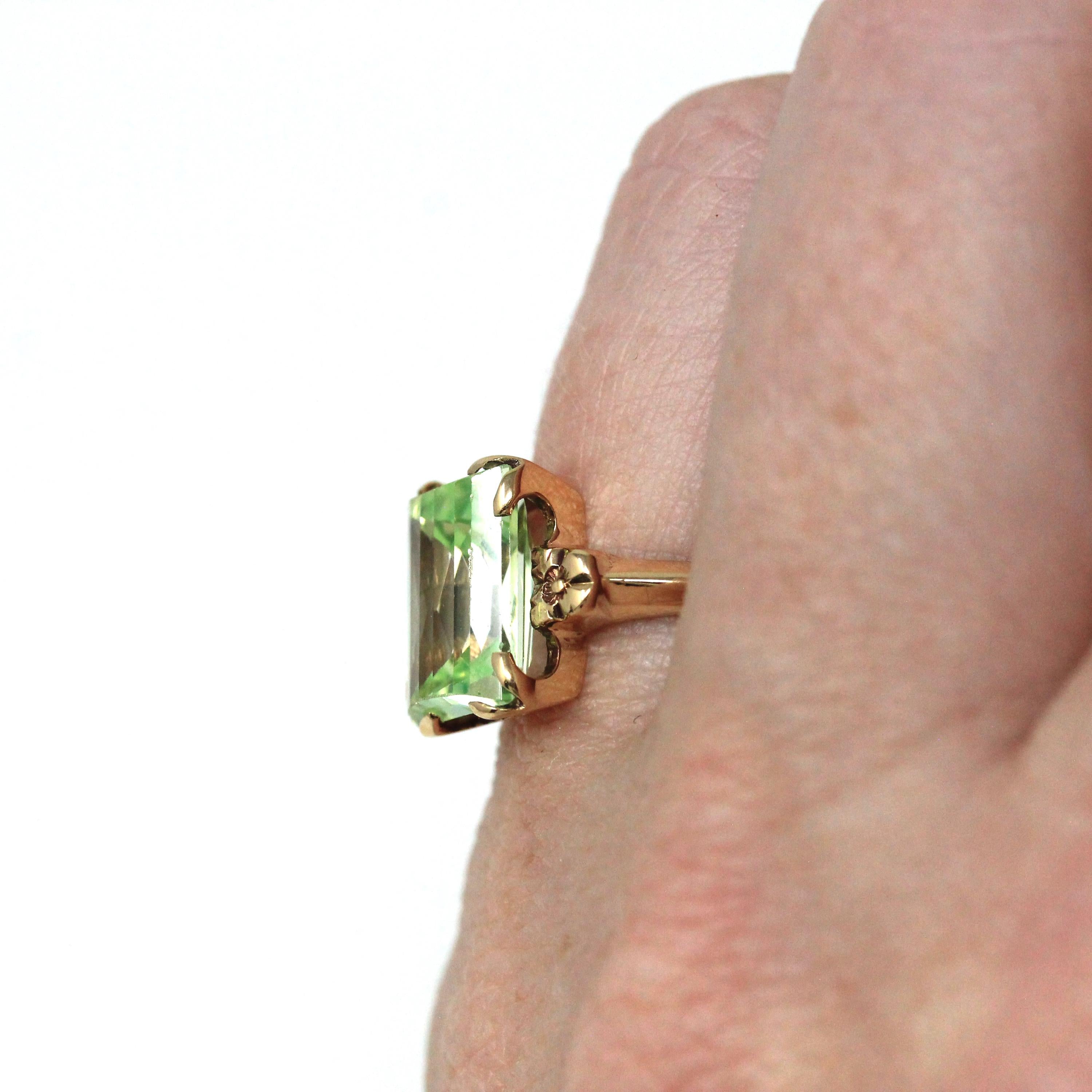 Created Spinel Ring - Mid Century 10k Yellow Gold Fancy Cut Rectangular Light Green Gem - Vintage Circa 1940s Era Size 5 Fine 40s Jewelry