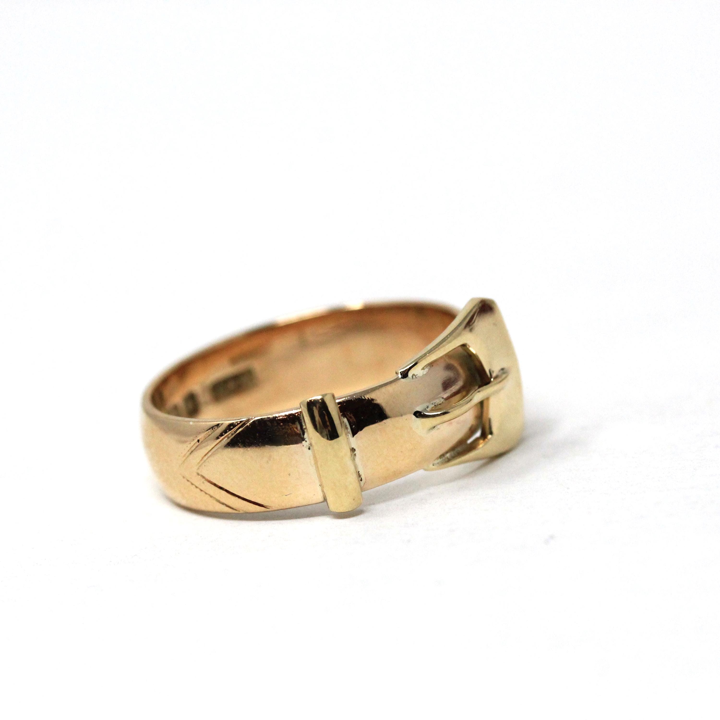 English Buckle Ring - Retro 9k Yellow Gold London England Figural Belt Band - Vintage Hallmarked 1965 Victorian Style Size 11 Fine Jewelry