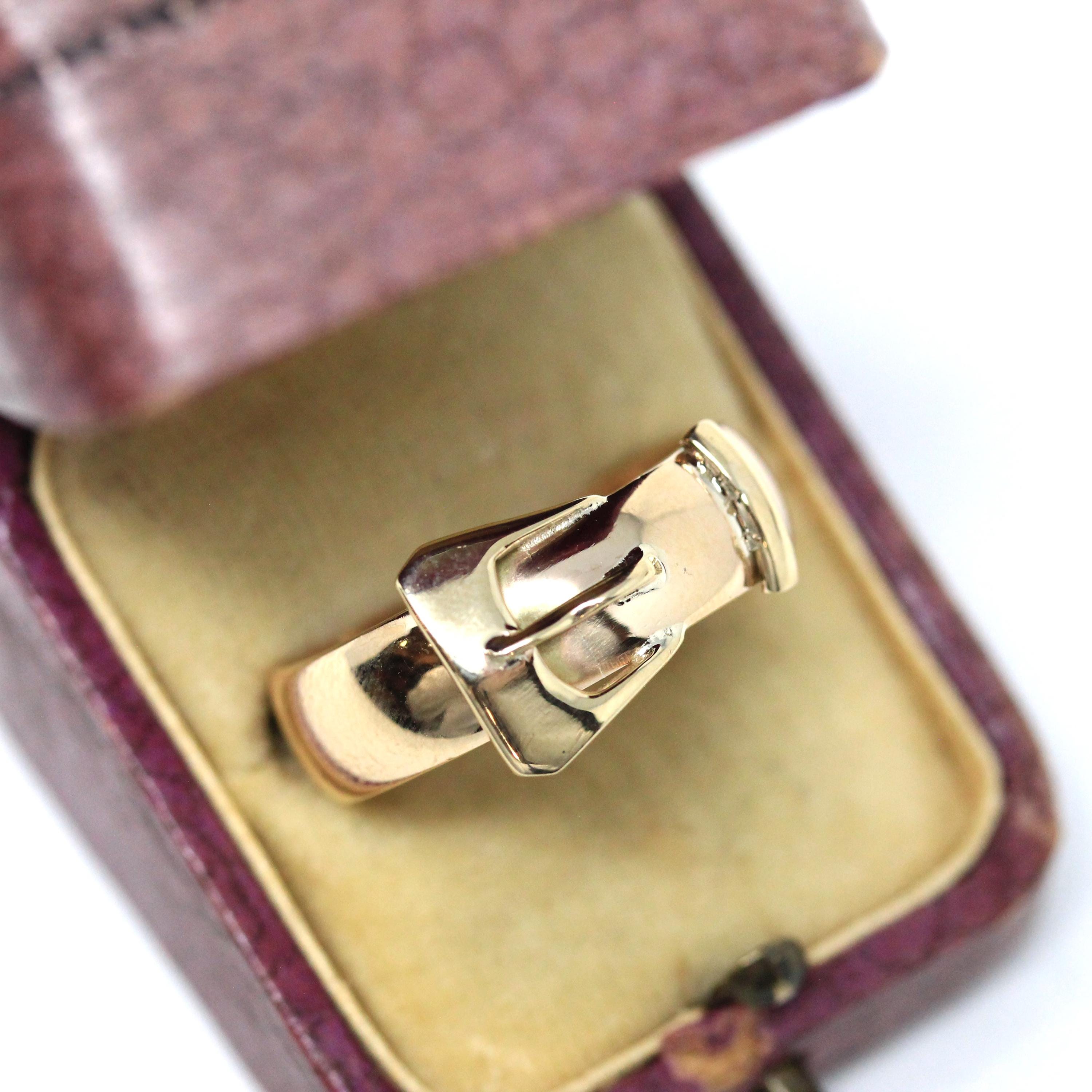 English Buckle Ring - Retro 9k Yellow Gold London England Figural Belt Band - Vintage Hallmarked 1965 Victorian Style Size 11 Fine Jewelry
