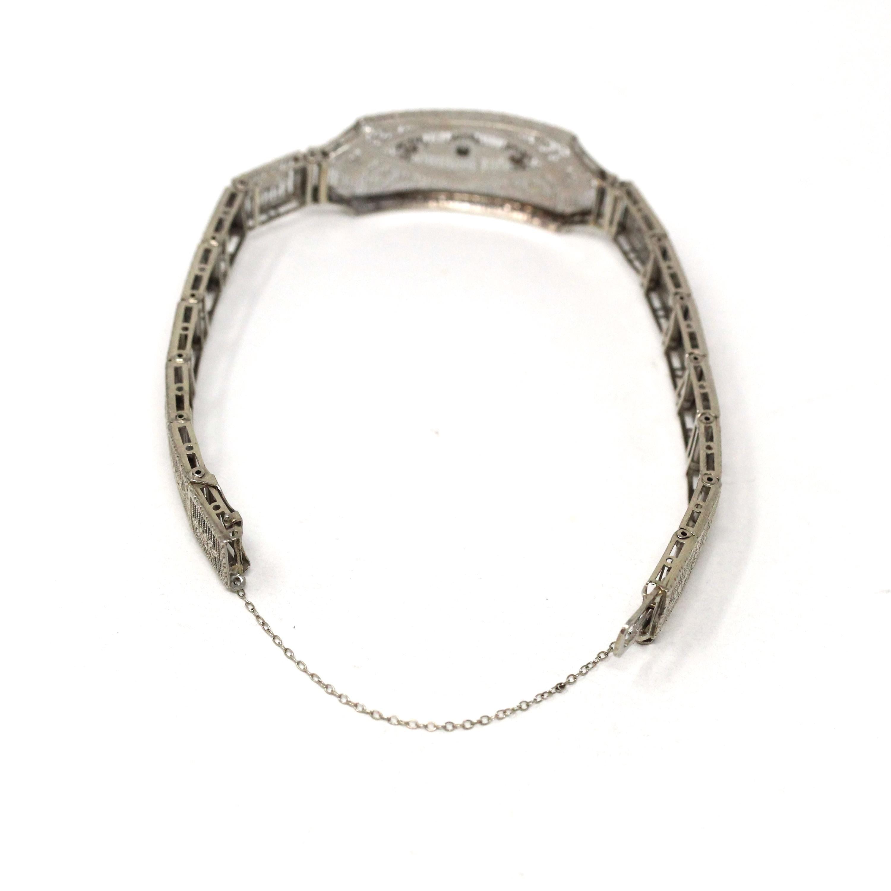 Art Deco Diamond Bracelet - Vintage 10k White Gold Filigree Natural .10 CTW Gemstones - Circa 1930s Era Wedding Filigree Panels Fine Jewelry