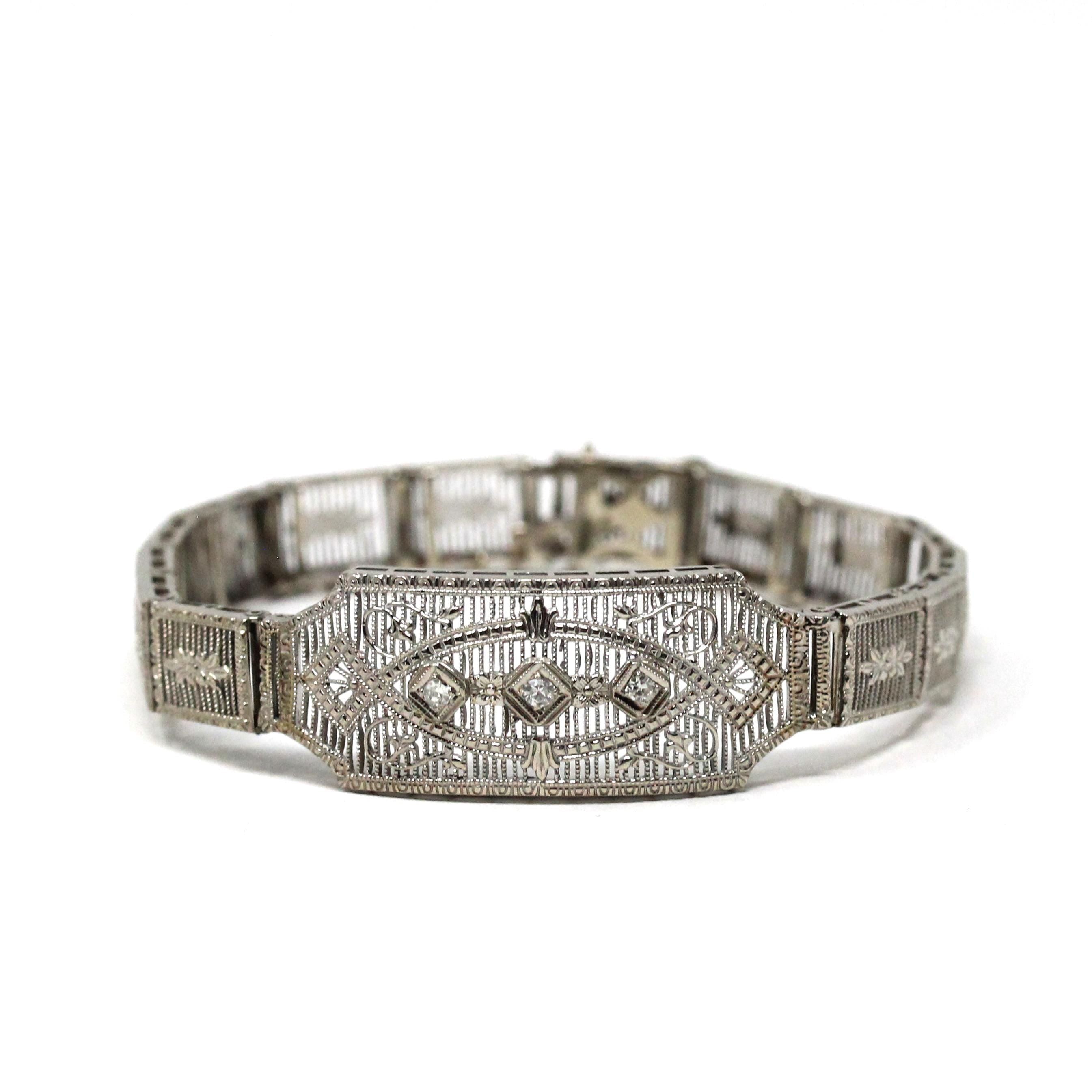 Art Deco Diamond Bracelet - Vintage 10k White Gold Filigree Natural .10 CTW Gemstones - Circa 1930s Era Wedding Filigree Panels Fine Jewelry