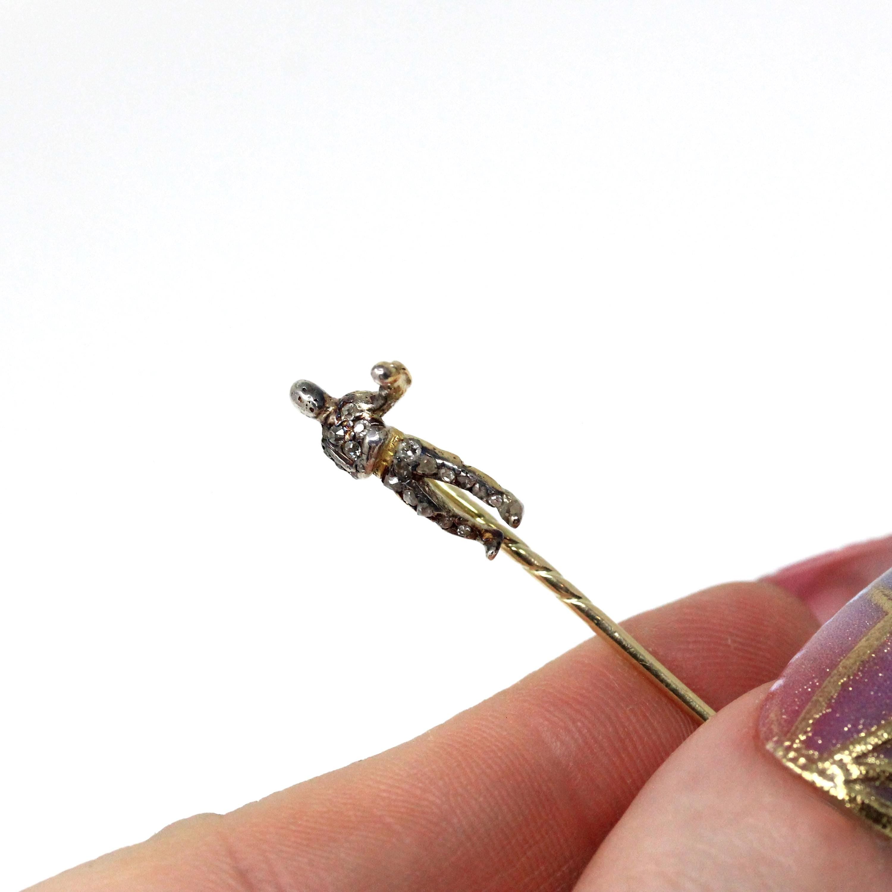 Antique Boxer Pin - Victorian Era Sterling Silver & 14k Yellow Gold Lapel Cravat Brooch - Vintage Late 1800s Pugilist Diamond Fine Jewelry
