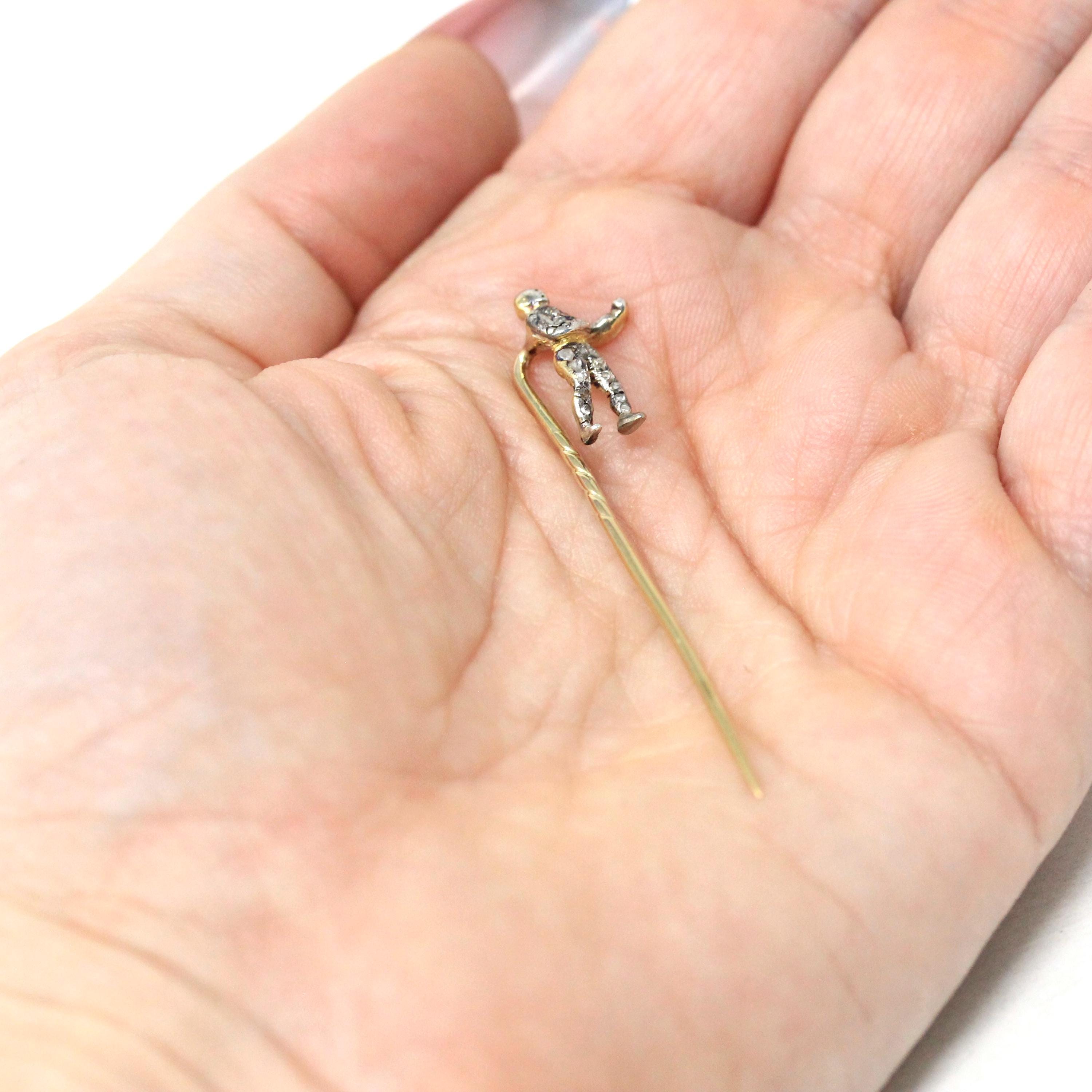 Antique Boxer Pin - Victorian Era Sterling Silver & 14k Yellow Gold Lapel Cravat Brooch - Vintage Late 1800s Pugilist Diamond Fine Jewelry