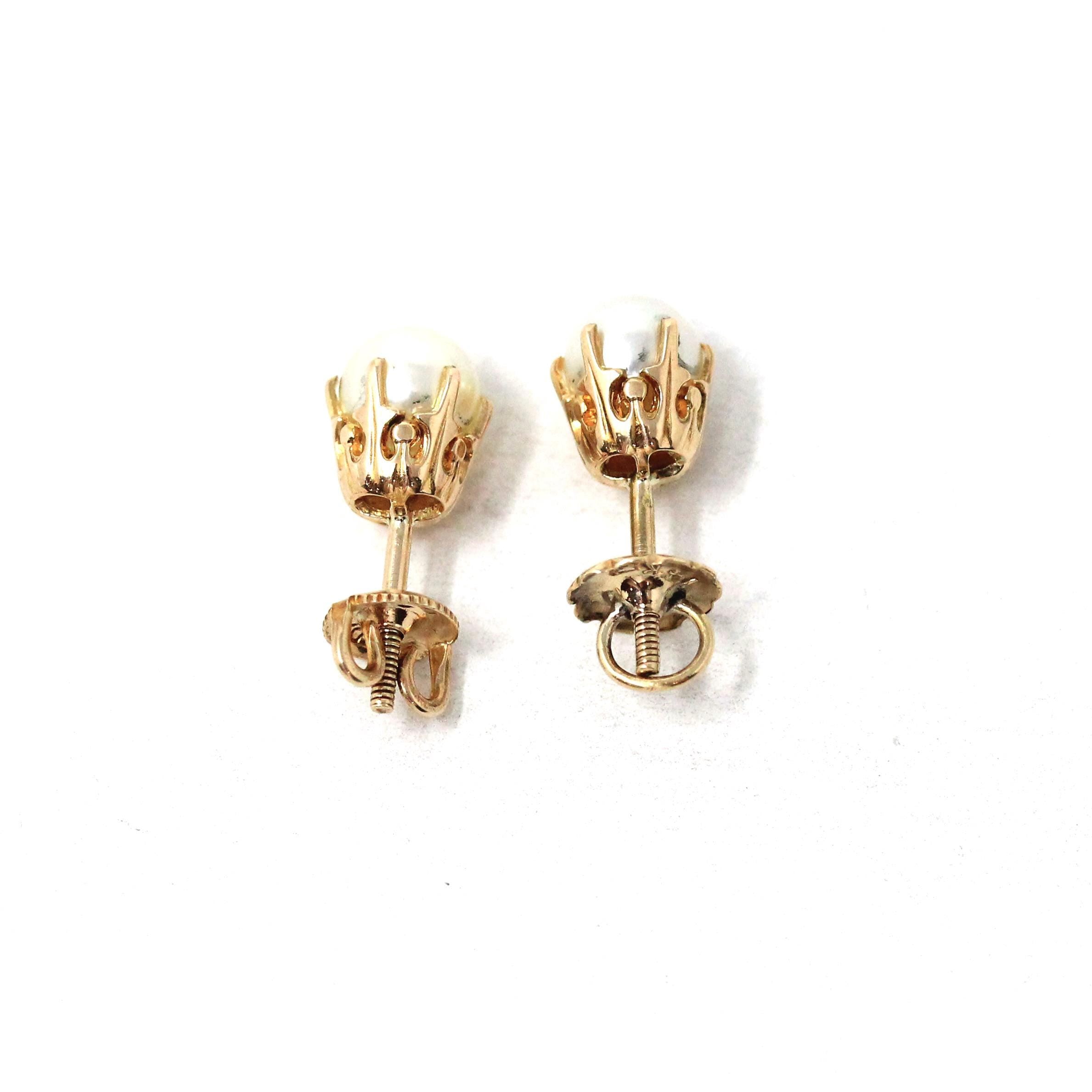 Vintage Cultured Pearl Earrings - Mid Century 10k Yellow Gold Round White Organic Gemstone Screw Backs - Circa 1940s Era BDA Fine Jewelry