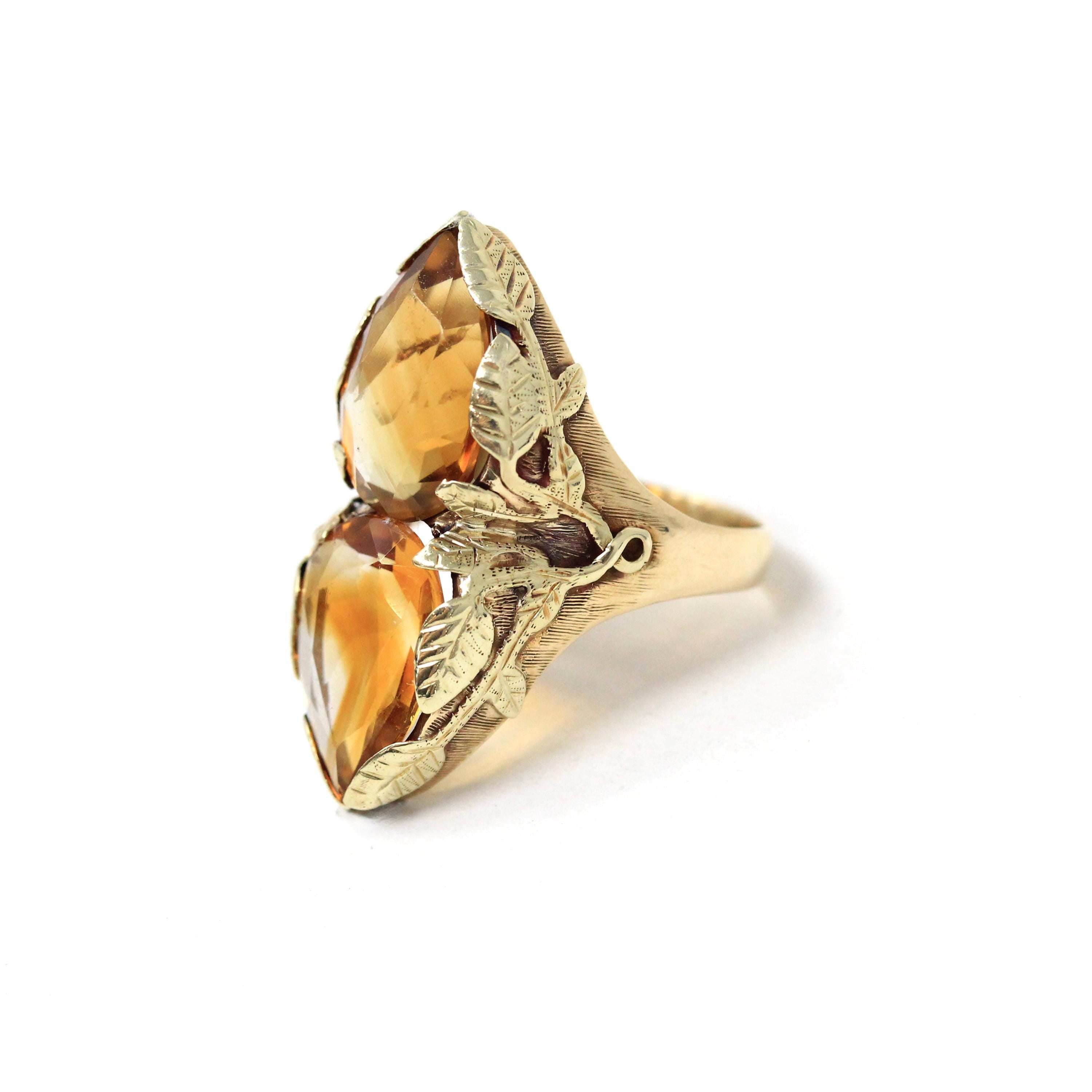 Antique Citrine Ring - Art Nouveau 14k Yellow Gold Two Yellow Gemstones - Circa 1910s Size 7 3/4 Fine November Birthstone Statement Jewelry
